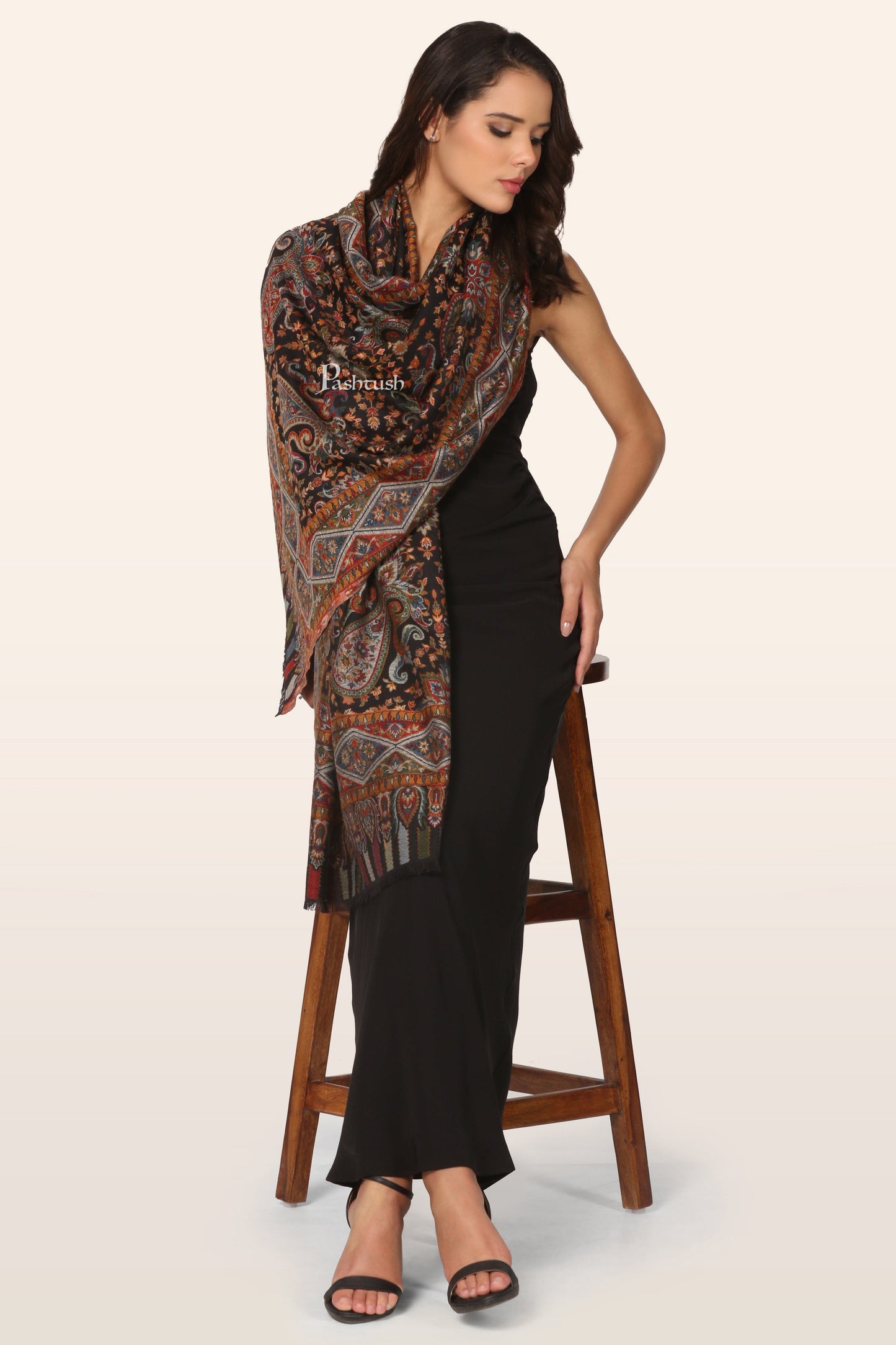 Pashtush India womens scarf and Stoles Pashtush Womens Stole, Ethnic Weave Design, Black