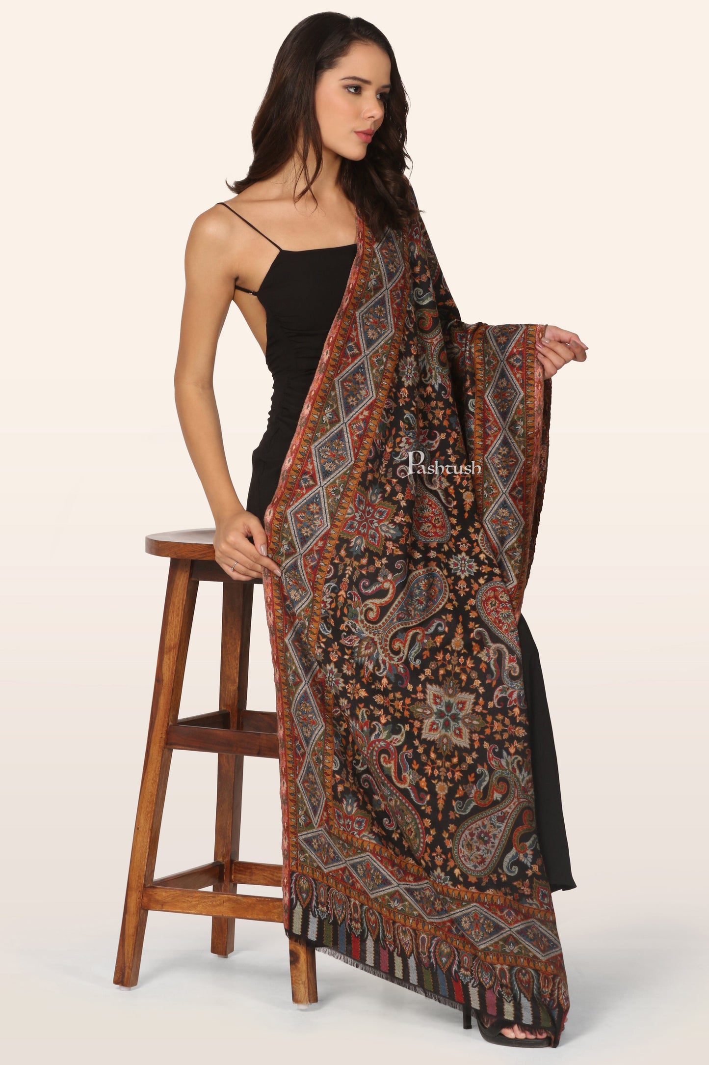 Pashtush India womens scarf and Stoles Pashtush Womens Stole, Ethnic Weave Design, Black