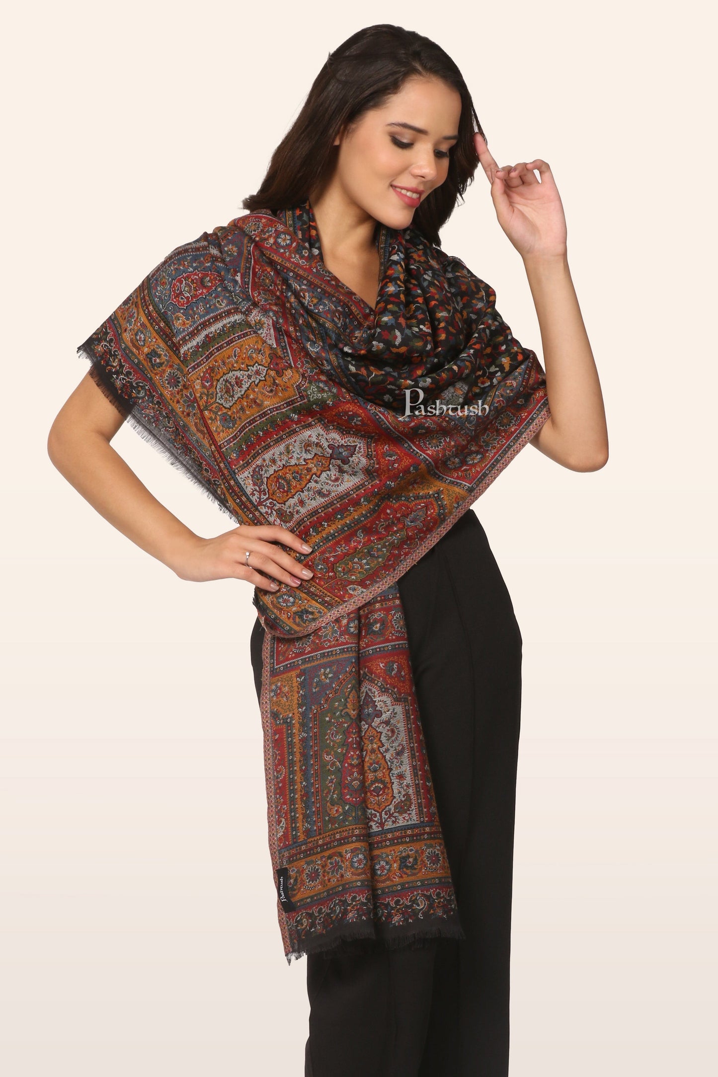 Pashtush India womens scarf and Stoles Pashtush Womens Stole, Ethnic Weave Design, Black