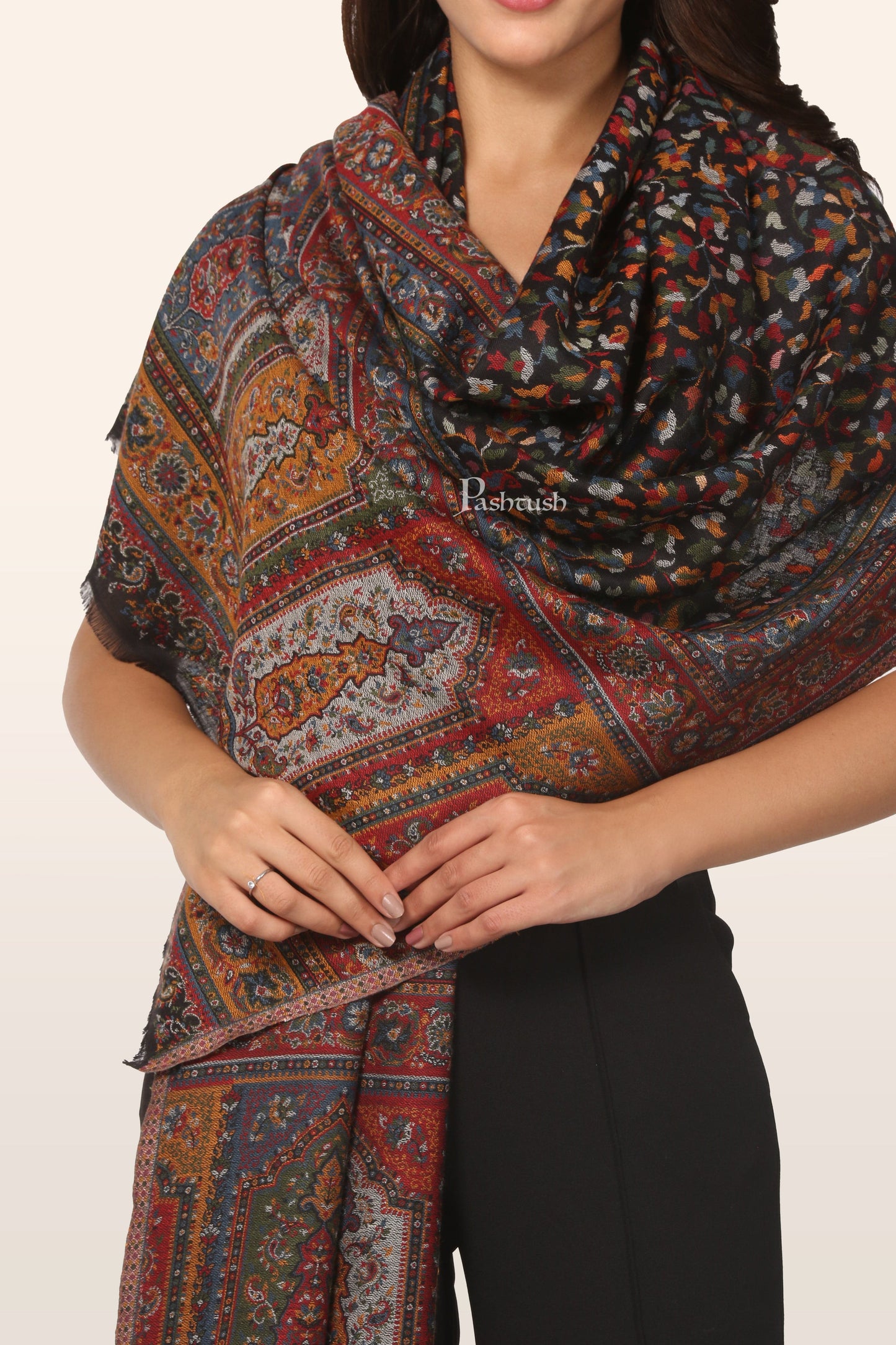 Pashtush India womens scarf and Stoles Pashtush Womens Stole, Ethnic Weave Design, Black