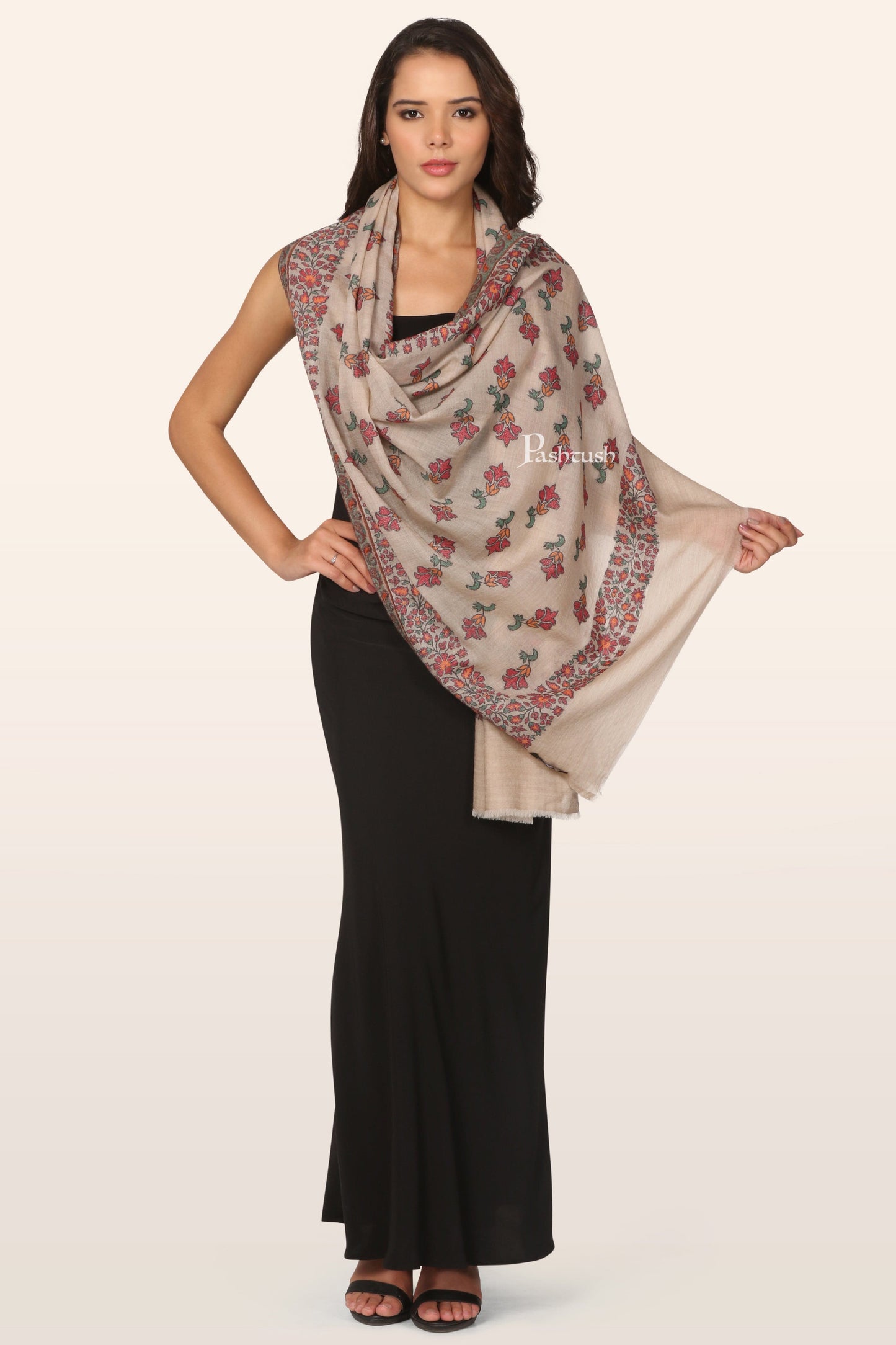 Pashtush India womens scarf and Stoles Pashtush Womens Stole, Extra fine Silk wool, Delicate Floral, Woven Pattern, Ivory