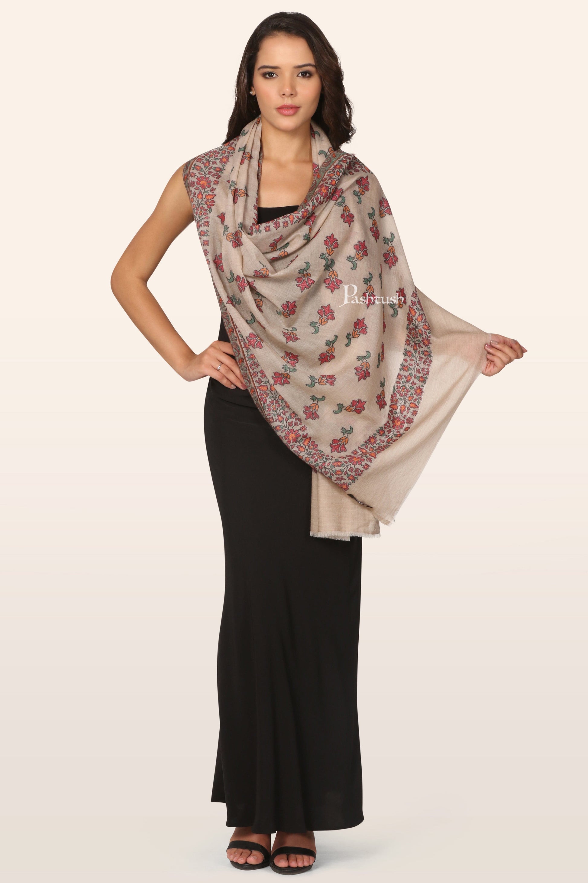 Pashtush India womens scarf and Stoles Pashtush Womens Stole, Extra fine Silk wool, Delicate Floral, Woven Pattern, Ivory