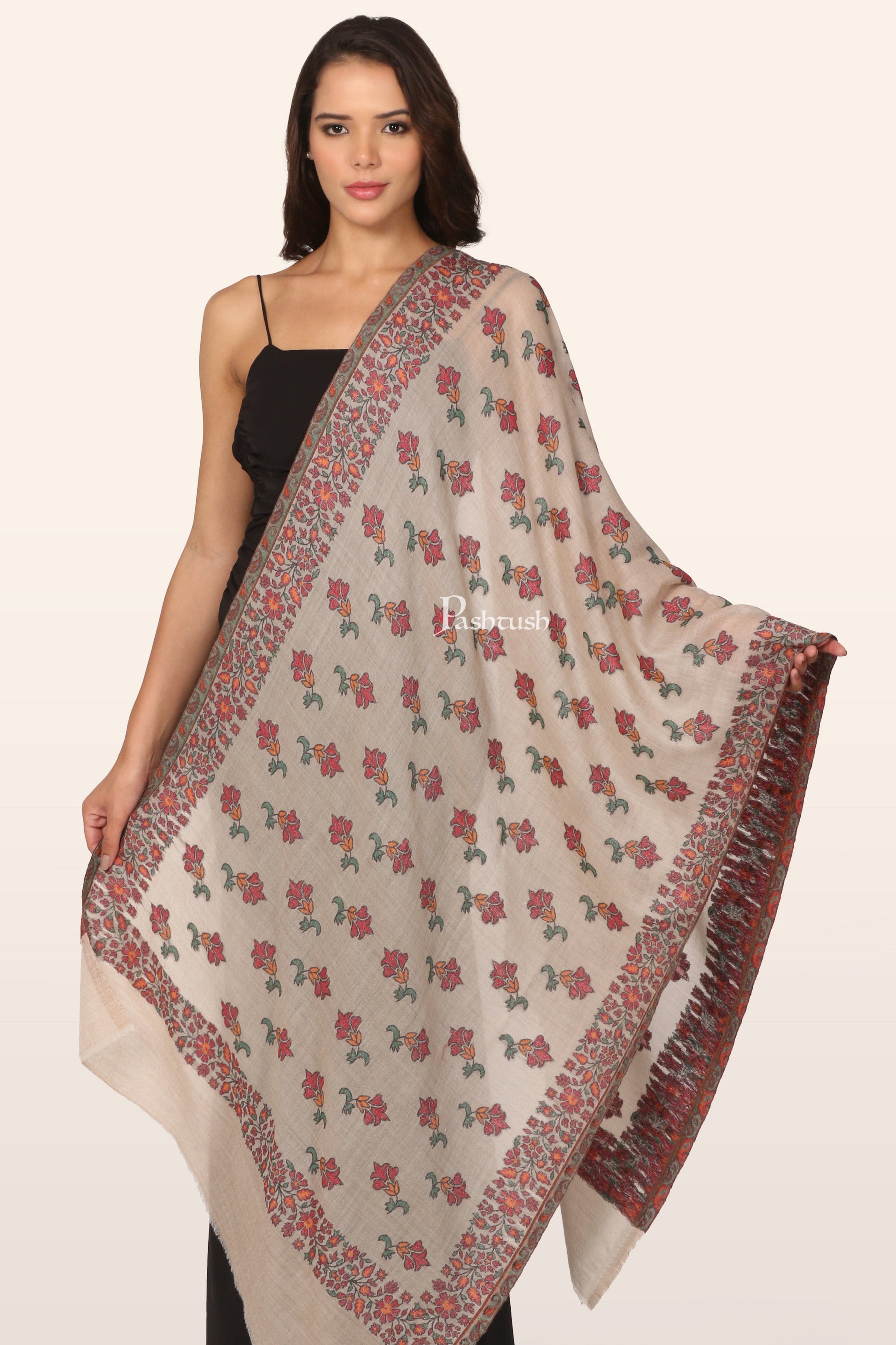 Pashtush India womens scarf and Stoles Pashtush Womens Stole, Extra fine Silk wool, Delicate Floral, Woven Pattern, Ivory
