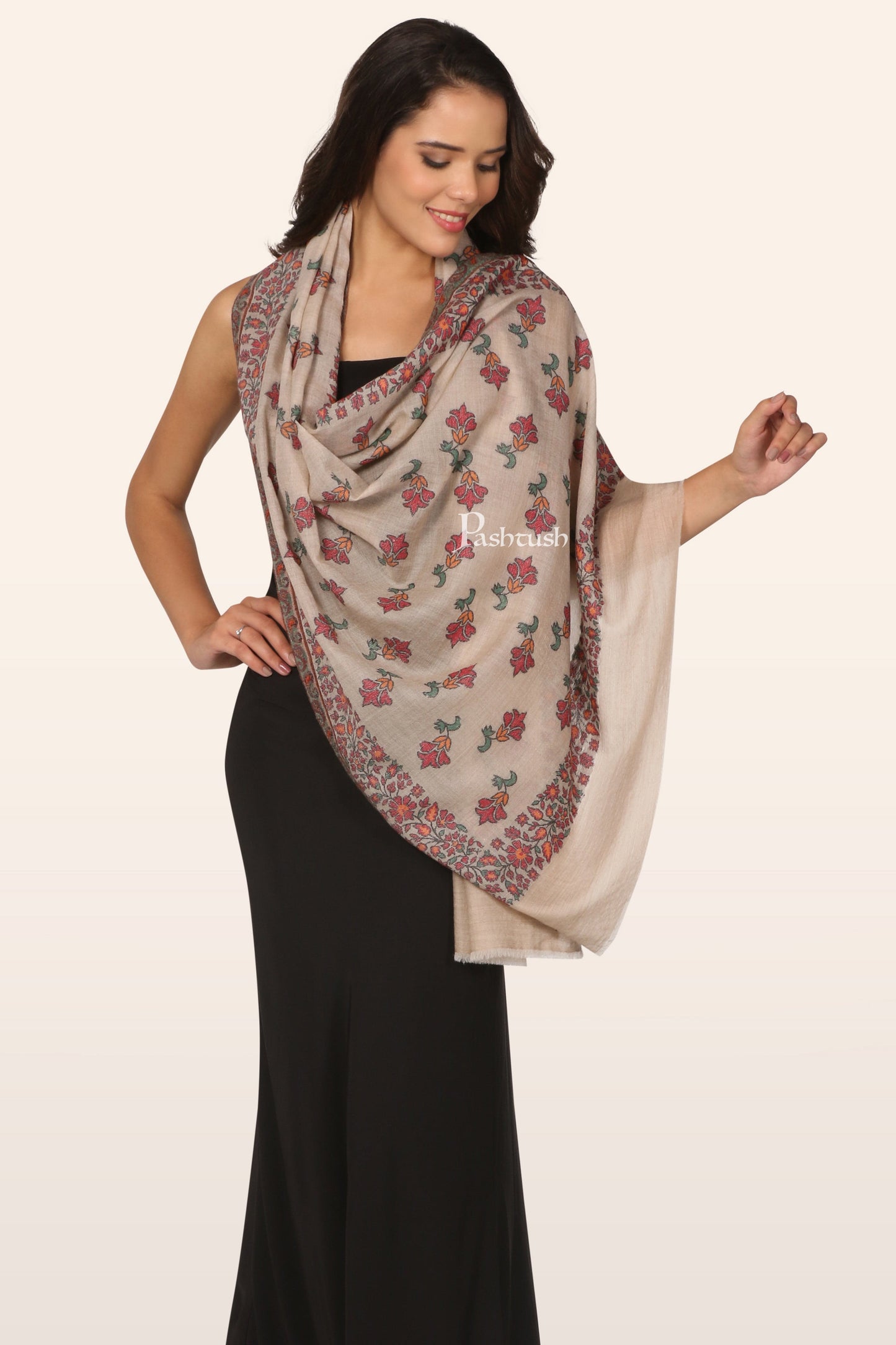 Pashtush India womens scarf and Stoles Pashtush Womens Stole, Extra fine Silk wool, Delicate Floral, Woven Pattern, Ivory
