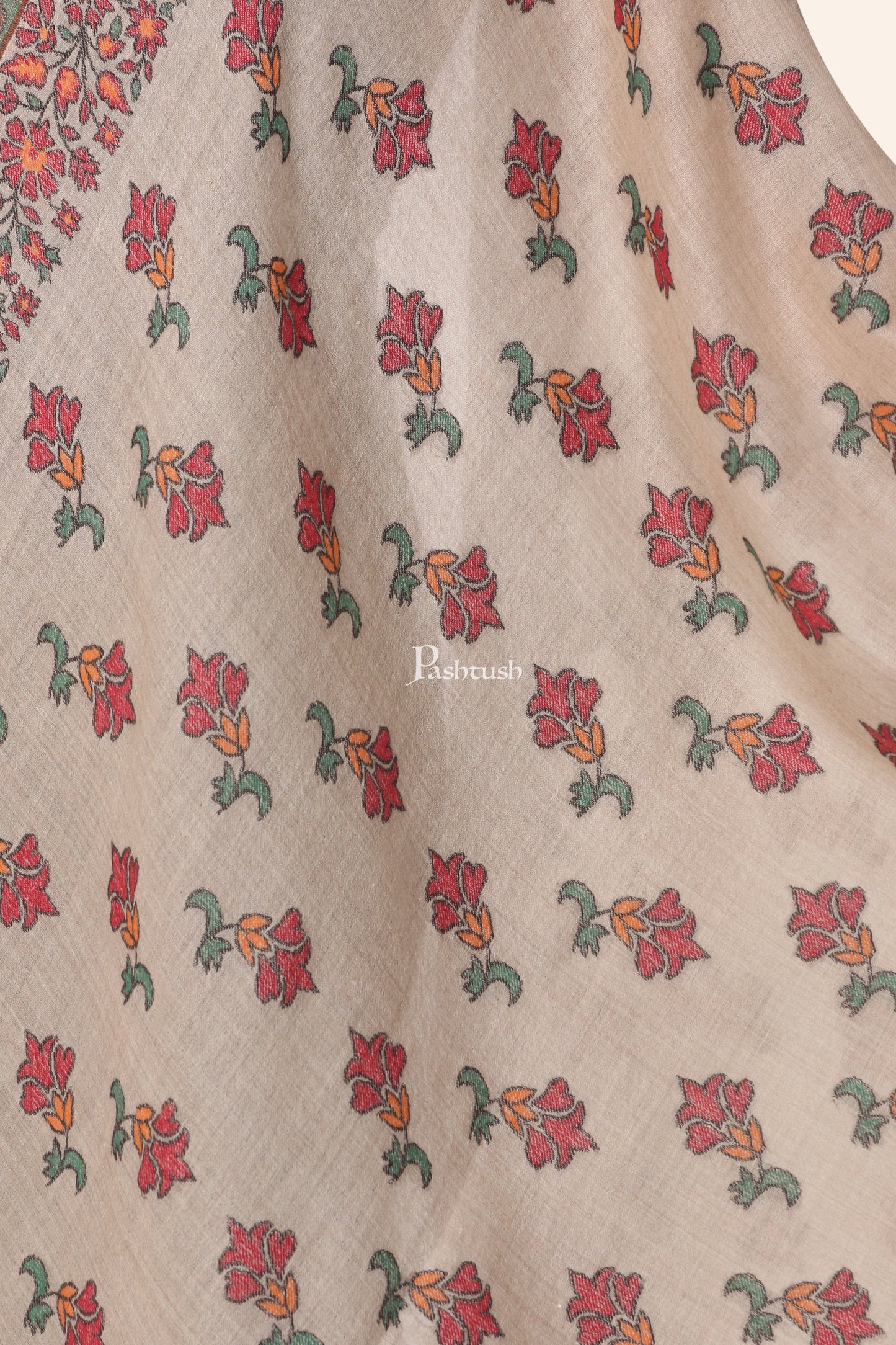 Pashtush India womens scarf and Stoles Pashtush Womens Stole, Extra fine Silk wool, Delicate Floral, Woven Pattern, Ivory