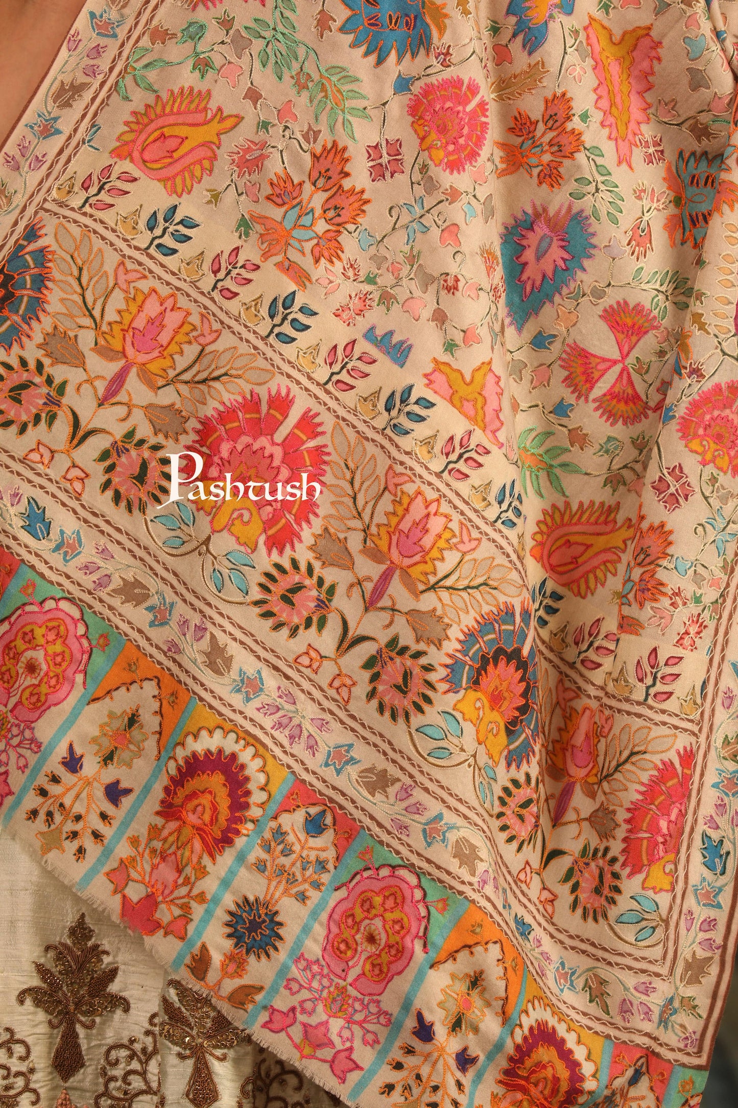 Pashtush India Womens Stoles and Scarves Scarf Pashtush Womens Stole, Extra Fine Wool Kalamakri with Outline Hand Embroidery, Multicolour