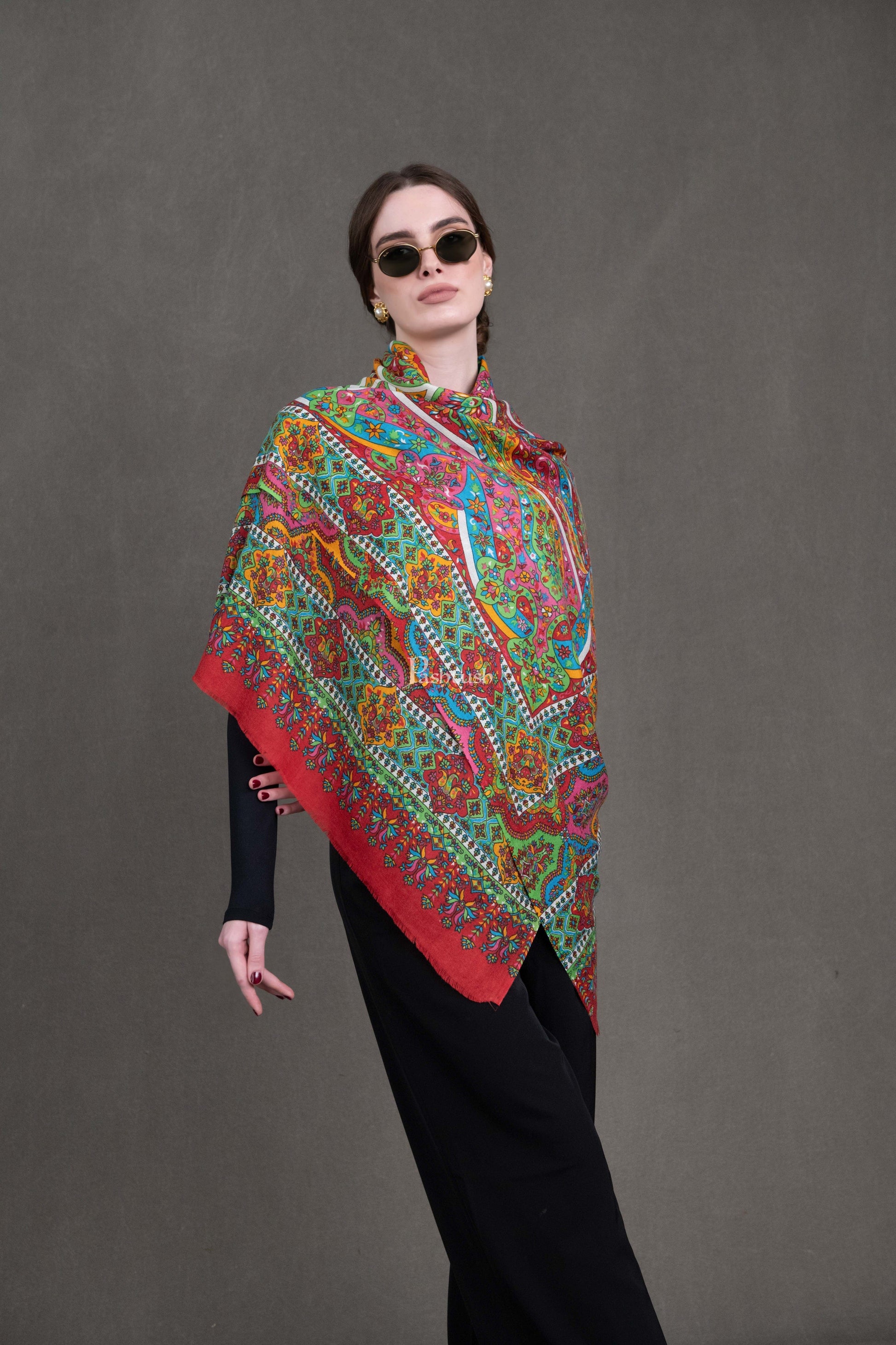 Pashtush India Womens Shawls Pashtush Womens Stole, Extra Fine Wool, Printed Kalamkari Design, Ultra Soft