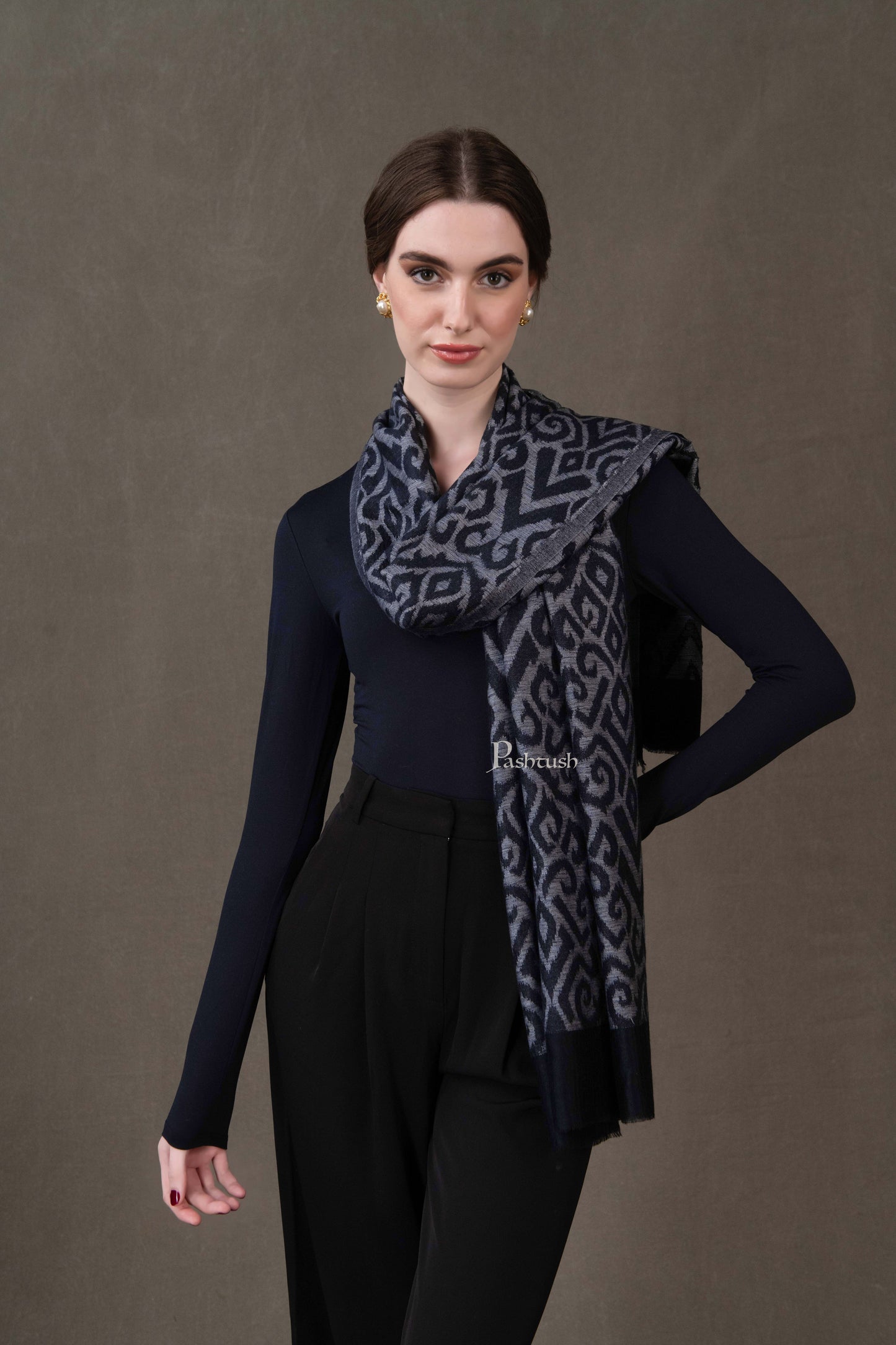 Pashtush India Womens Stoles and Scarves Scarf Pashtush Womens Stole, Extra Fine Wool-Silk, Damascus Black