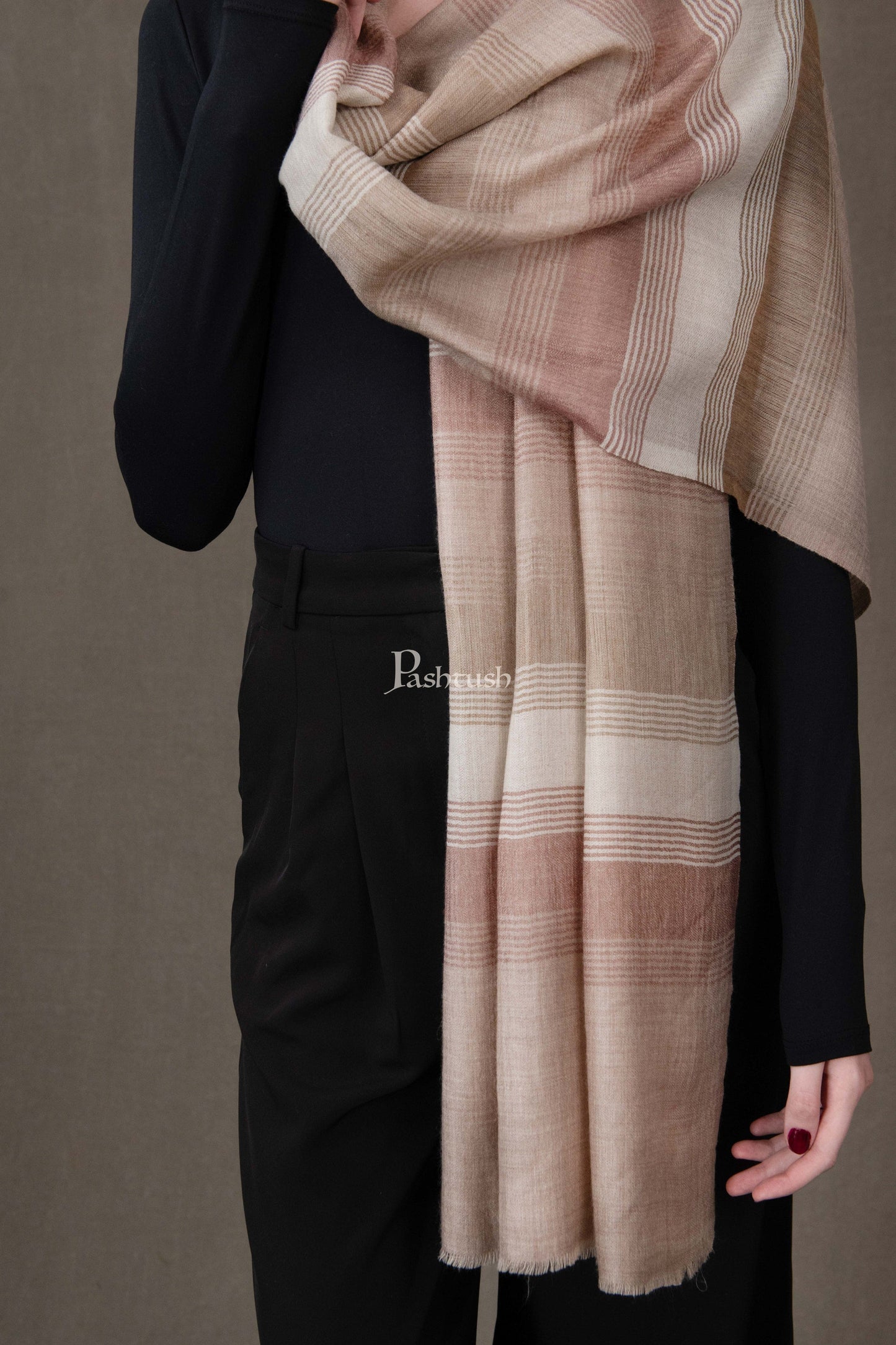 Pashtush India Womens Stoles and Scarves Scarf Pashtush Womens Stole, Extra Fine Wool-Silk, Twilight Collection, Beige and Ivory
