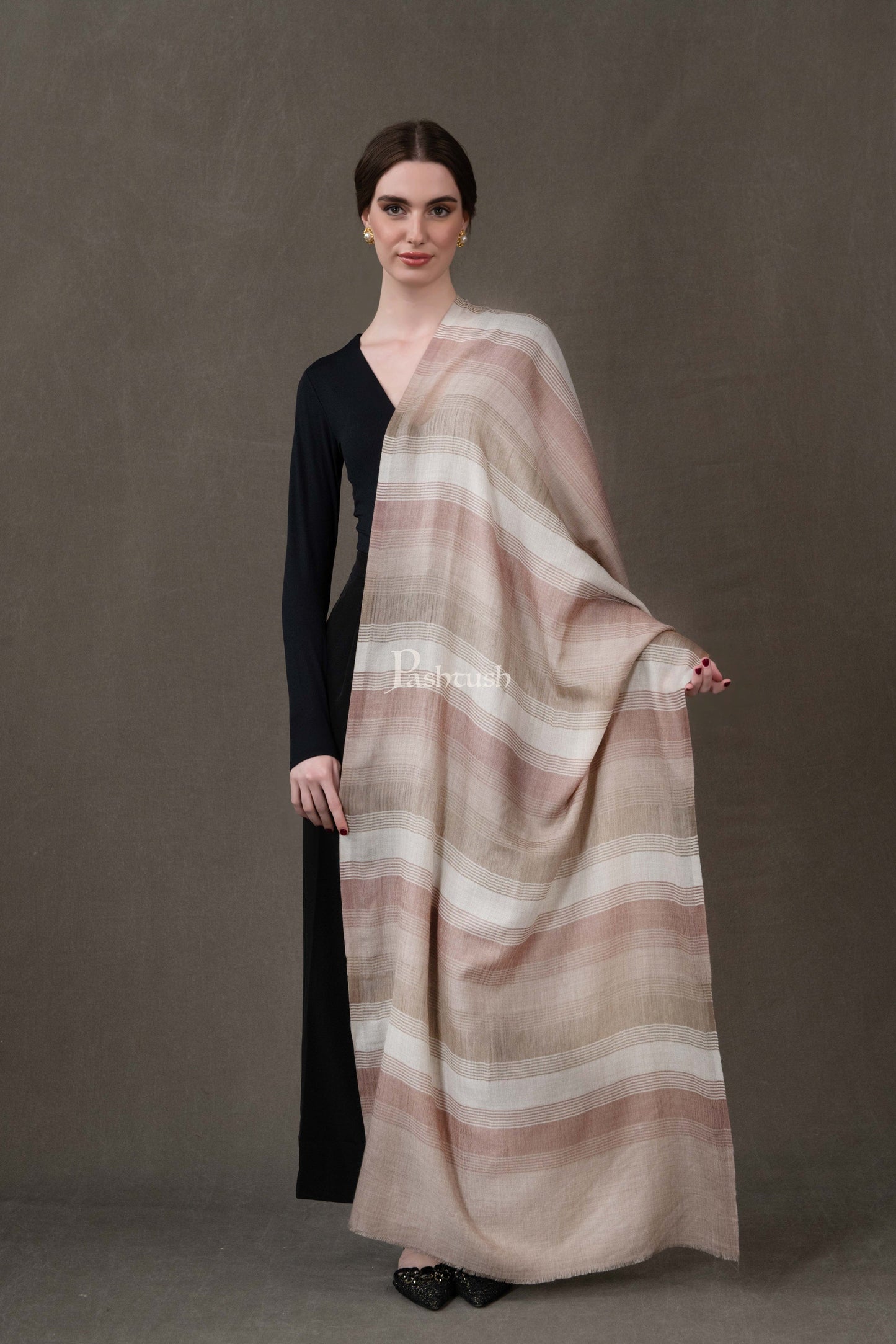 Pashtush India Womens Stoles and Scarves Scarf Pashtush Womens Stole, Extra Fine Wool-Silk, Twilight Collection, Beige and Ivory