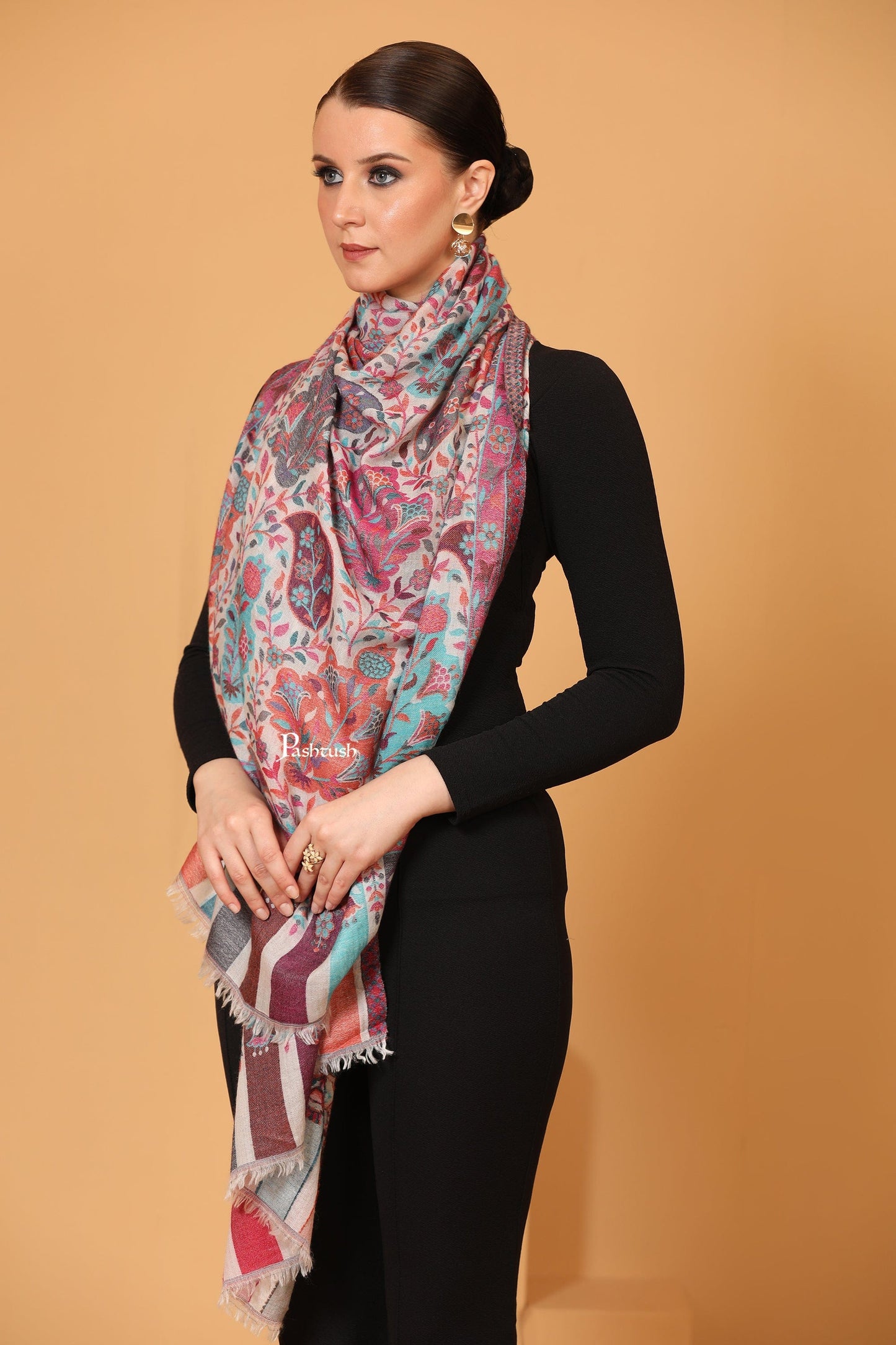 Pashtush India Womens Stoles and Scarves Scarf Pashtush Womens Stole, Extra Soft Fine Wool, Cashmere Wool, Ethnic Weave, Ivory