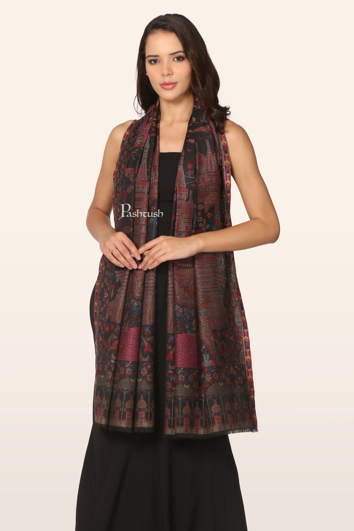 Pashtush India womens scarf and Stoles Pashtush Womens Stole, Faux Pashmina, Royal Palace Woven Design, Black