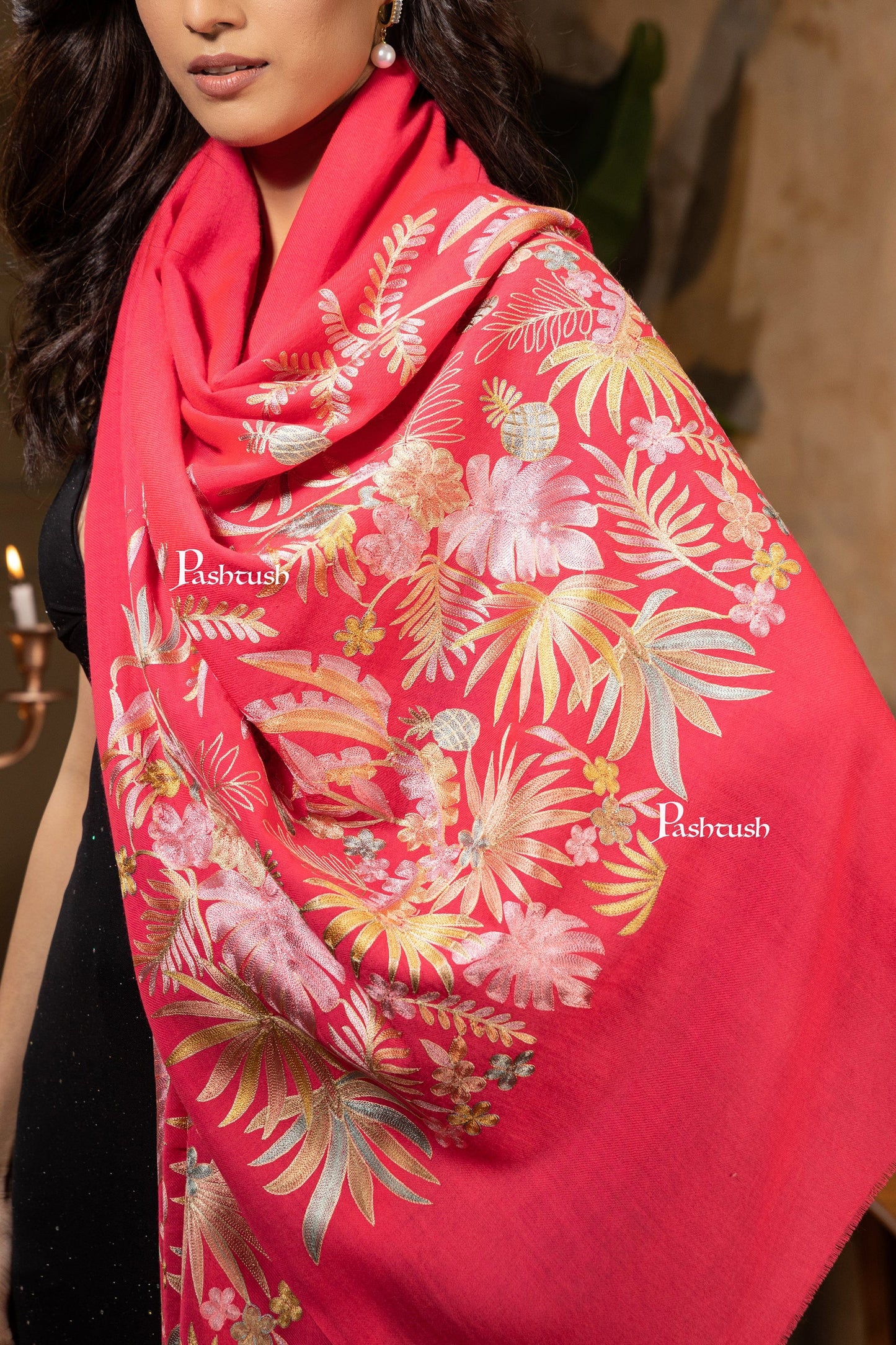 Pashtush India Womens Stoles and Scarves Scarf Pashtush Womens Stole, Fine Wool Hand Crafted Nalki Embroidery, Fuchsia
