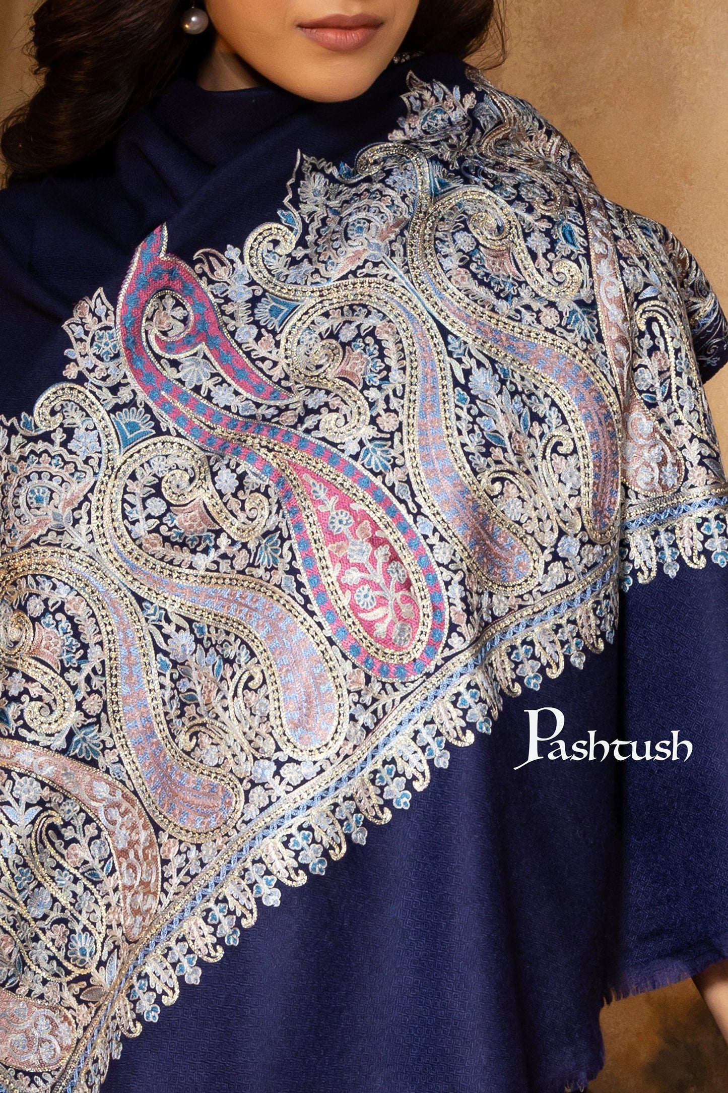Pashtush India Womens Stoles and Scarves Scarf Pashtush Womens Stole, Fine Wool Nalki Embroidery, Lightweight Soft Warm, Navy
