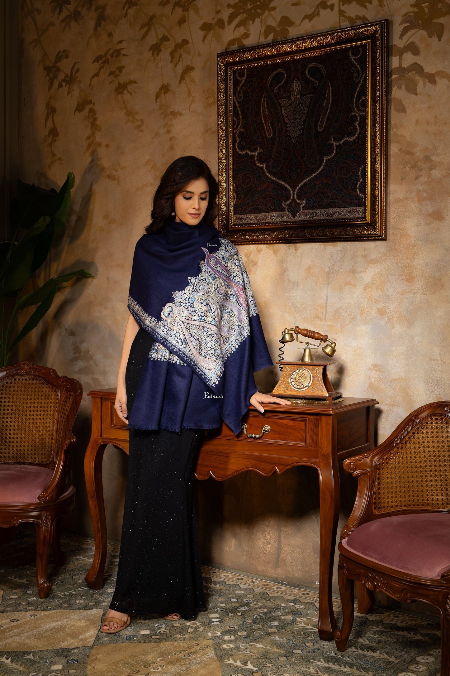 Pashtush India Womens Stoles and Scarves Scarf Pashtush Womens Stole, Fine Wool Nalki Embroidery, Lightweight Soft Warm, Navy