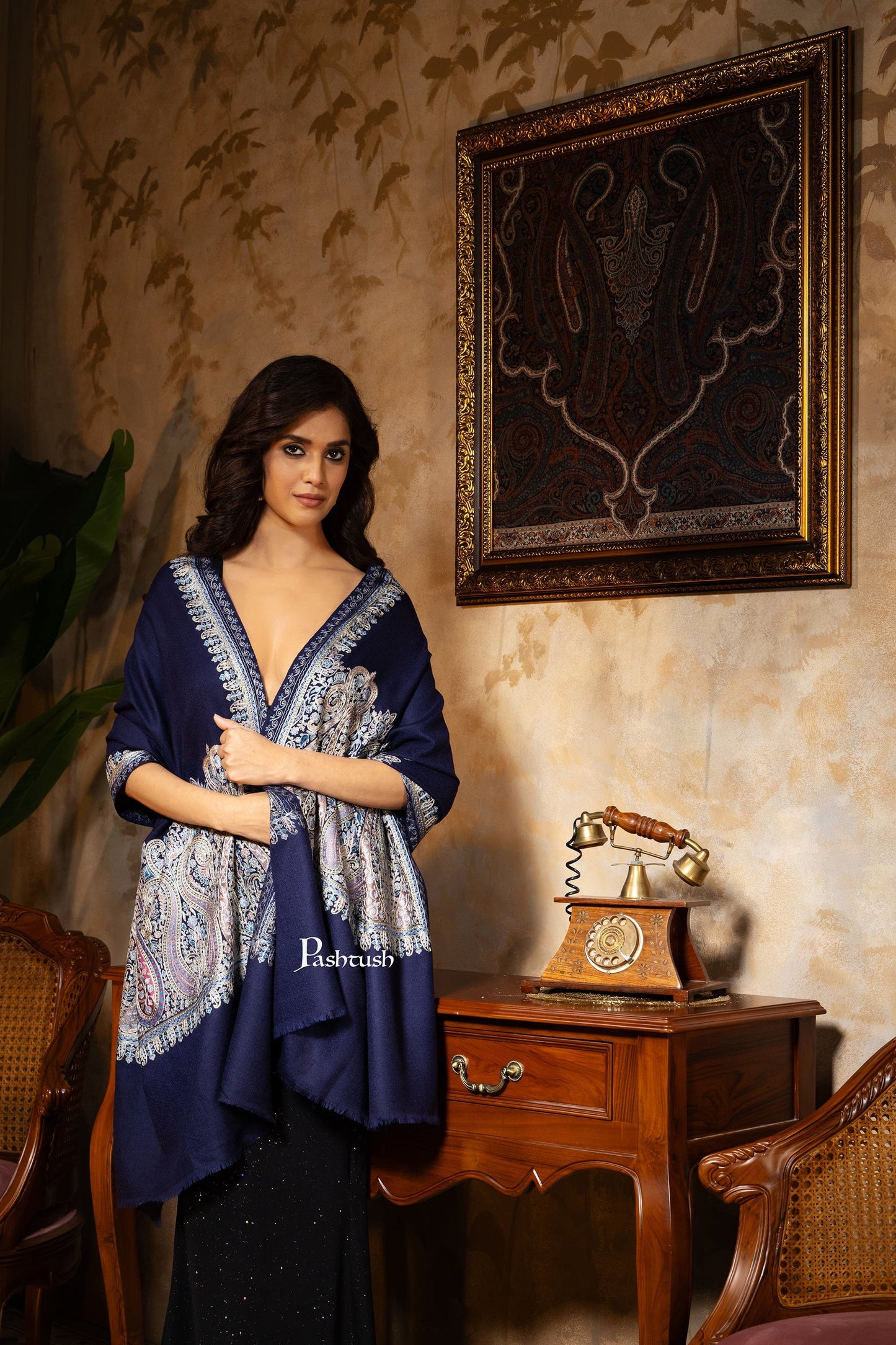 Pashtush India Womens Stoles and Scarves Scarf Pashtush Womens Stole, Fine Wool Nalki Embroidery, Lightweight Soft Warm, Navy