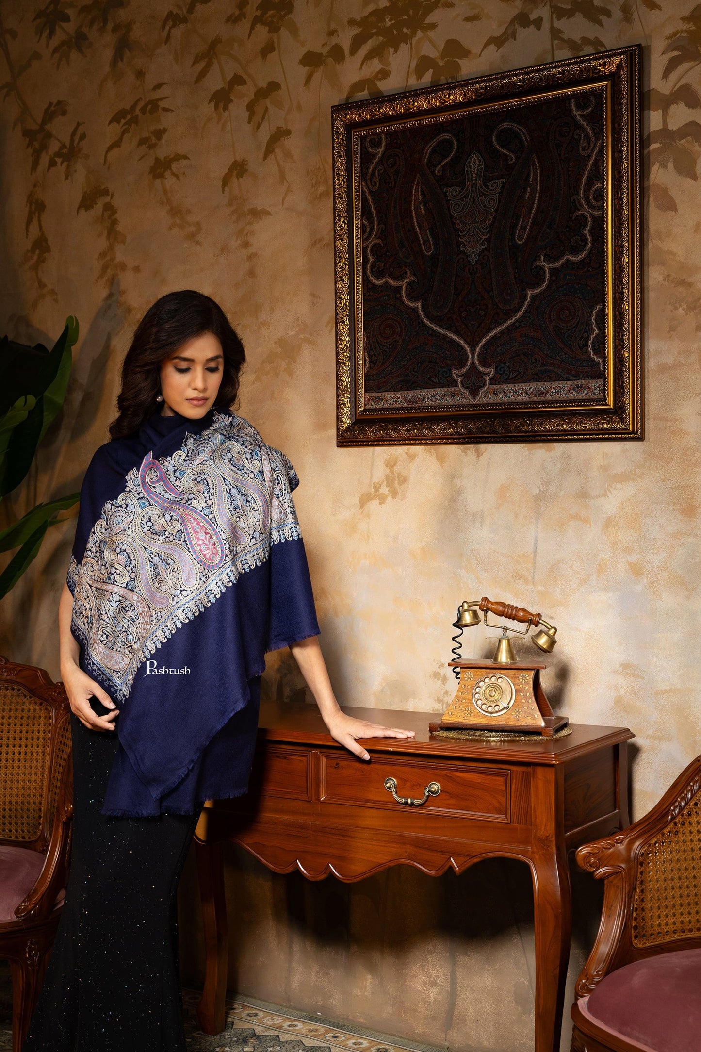 Pashtush India Womens Stoles and Scarves Scarf Pashtush Womens Stole, Fine Wool Nalki Embroidery, Lightweight Soft Warm, Navy