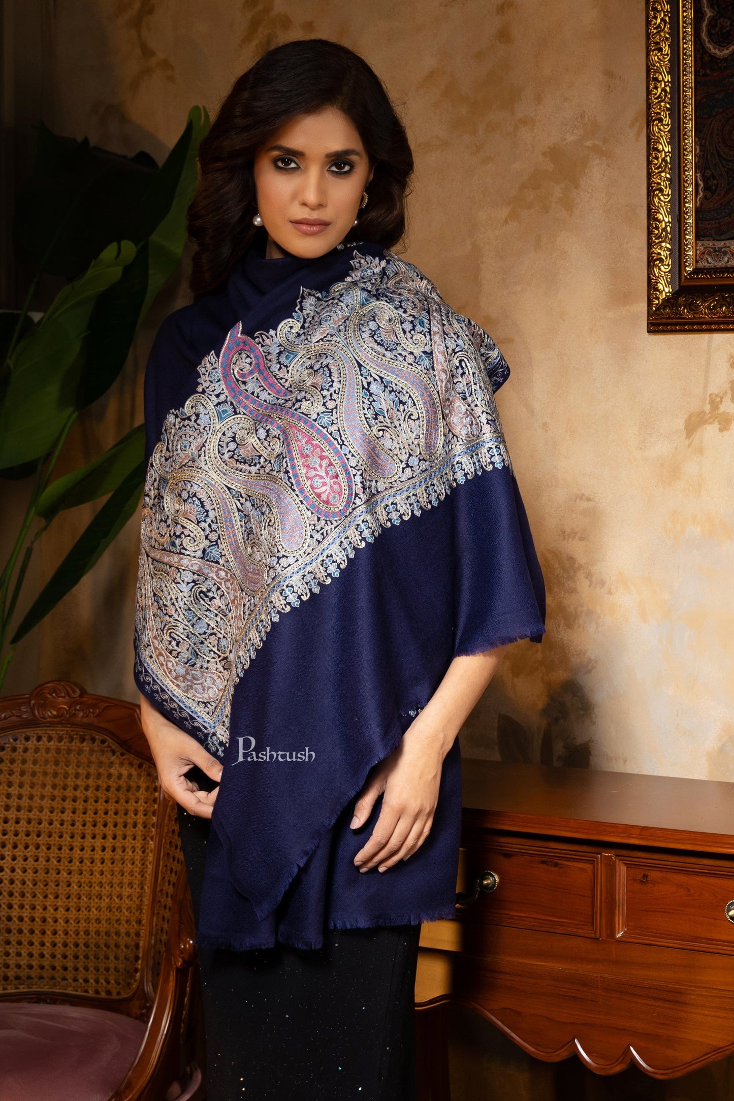 Pashtush India Womens Stoles and Scarves Scarf Pashtush Womens Stole, Fine Wool Nalki Embroidery, Lightweight Soft Warm, Navy
