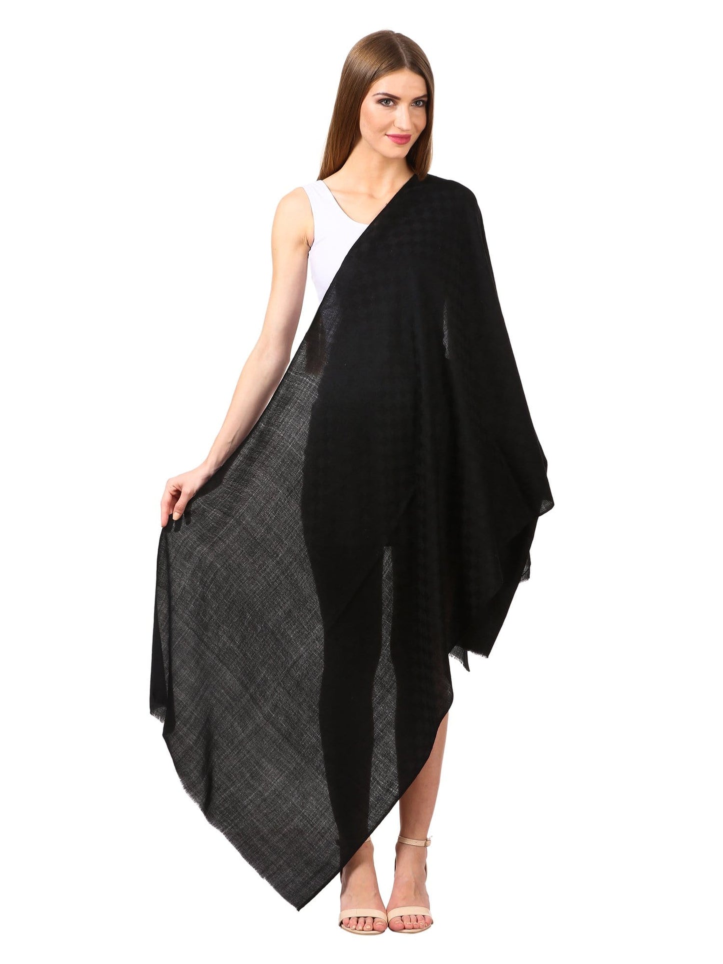 Pashtush India Stole Pashtush Womens Stole, Fine Wool Scarf, Checkered Weave, Black