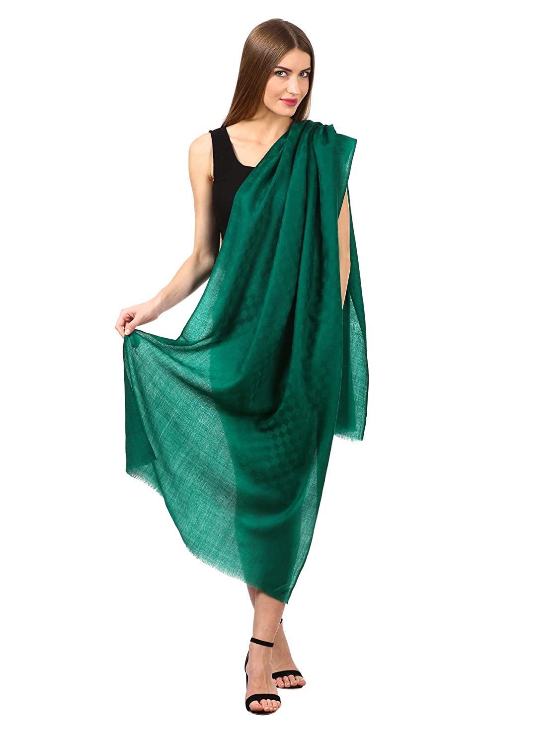Pashtush Womens Stole, Fine Wool Scarf, Checkered Weave, Bottle Green