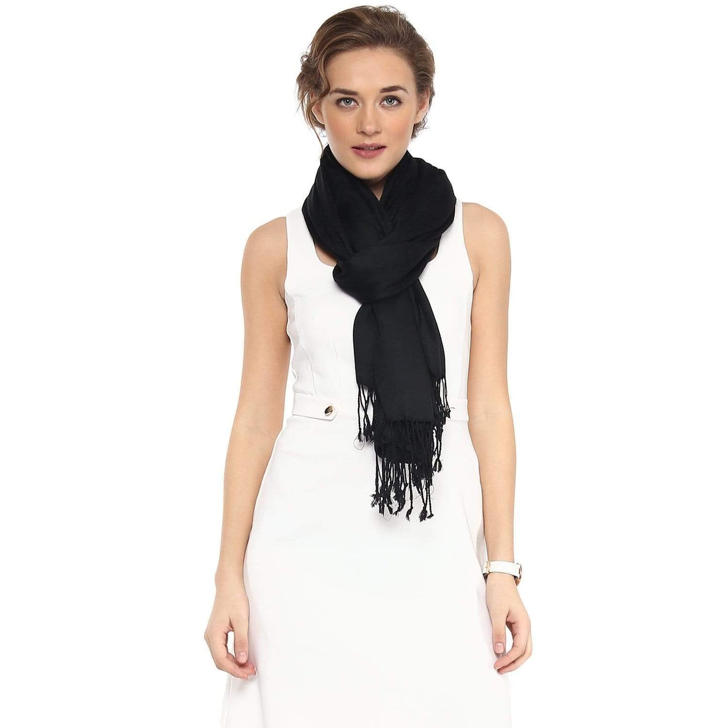 Pashtush India 70x200 Pashtush Womens Stole, Fine Wool Scarf, Paisley Jacquard Weave, Black