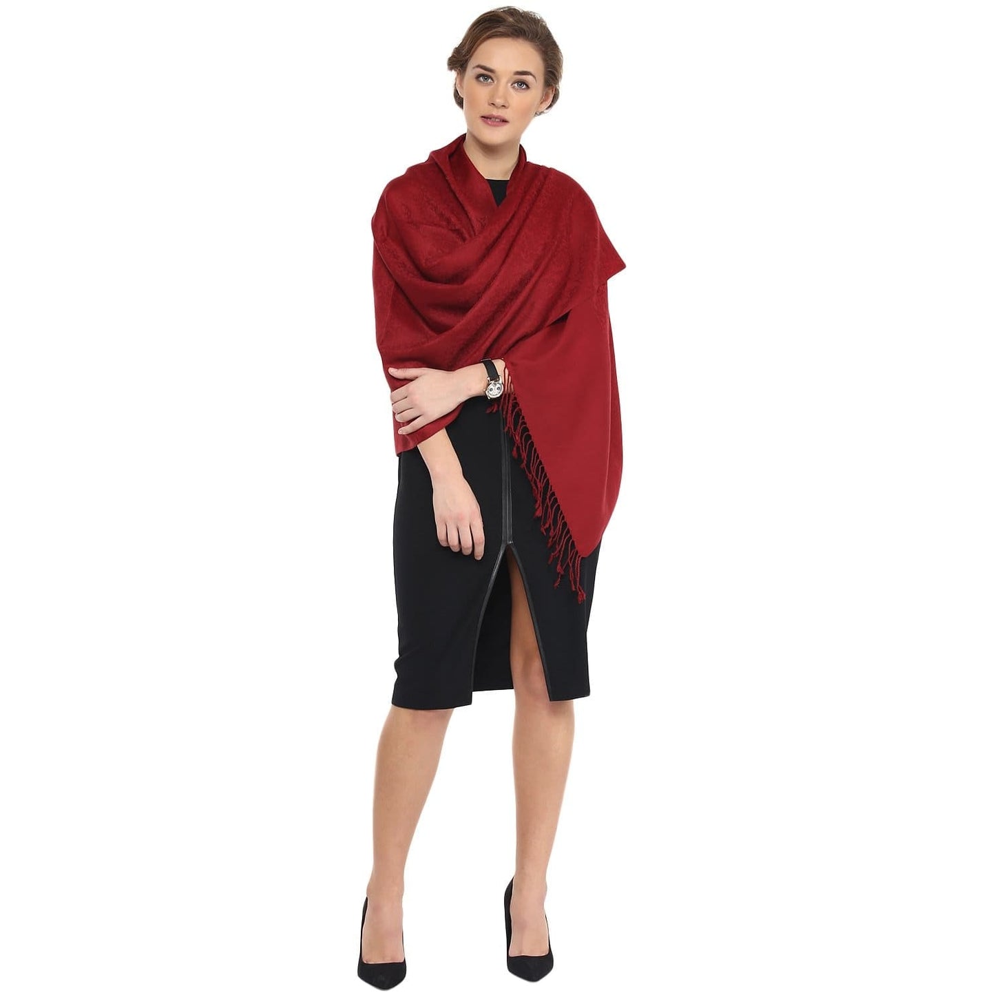 Pashtush India 70x200 Pashtush Womens Stole, Fine Wool Scarf, Paisley Jacquard Weave, Maroon