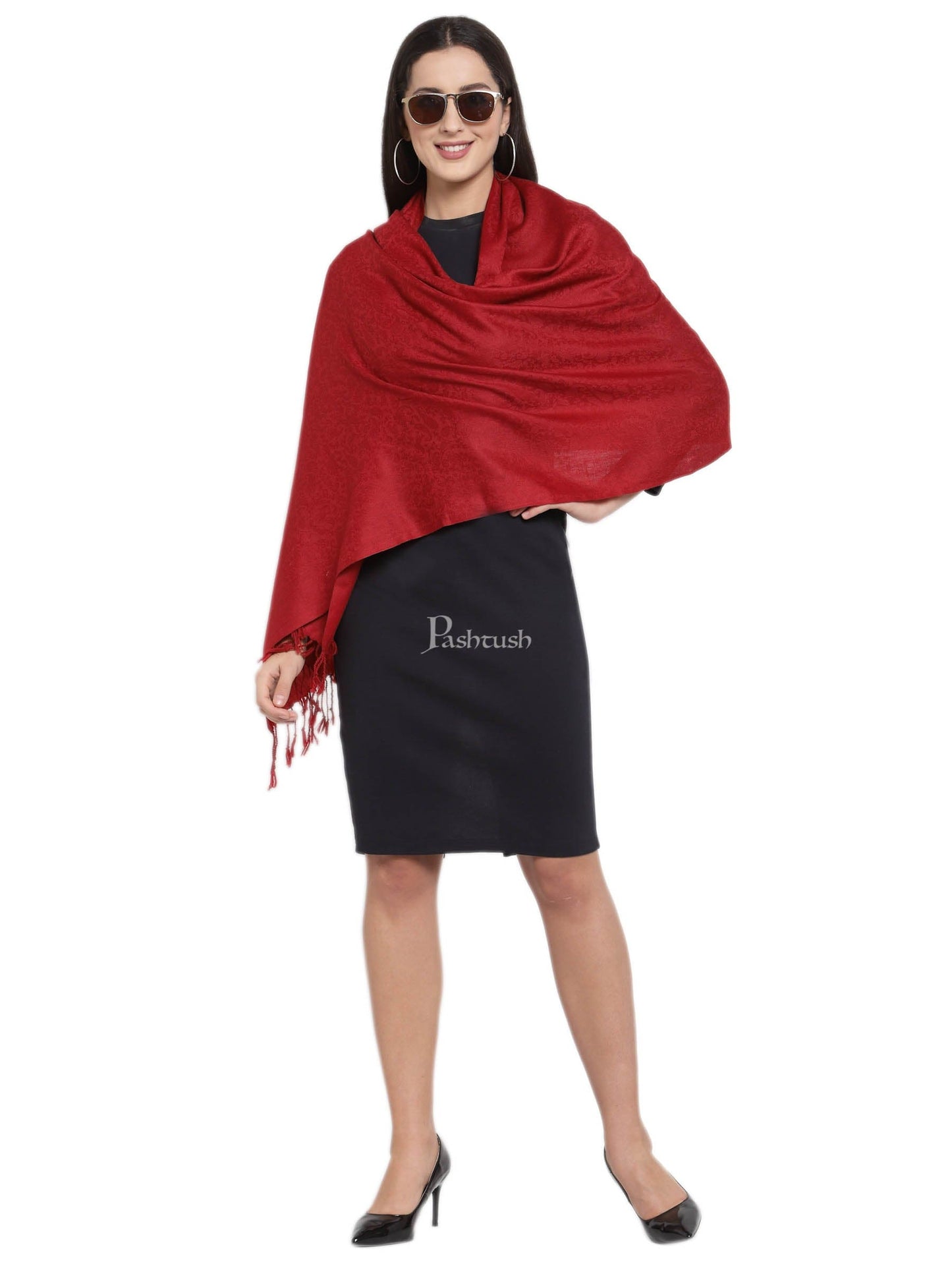 Pashtush India Womens Stoles and Scarves Scarf Pashtush Womens Stole, Fine Wool Scarf, Paisley Jacquard Weave, Maroon