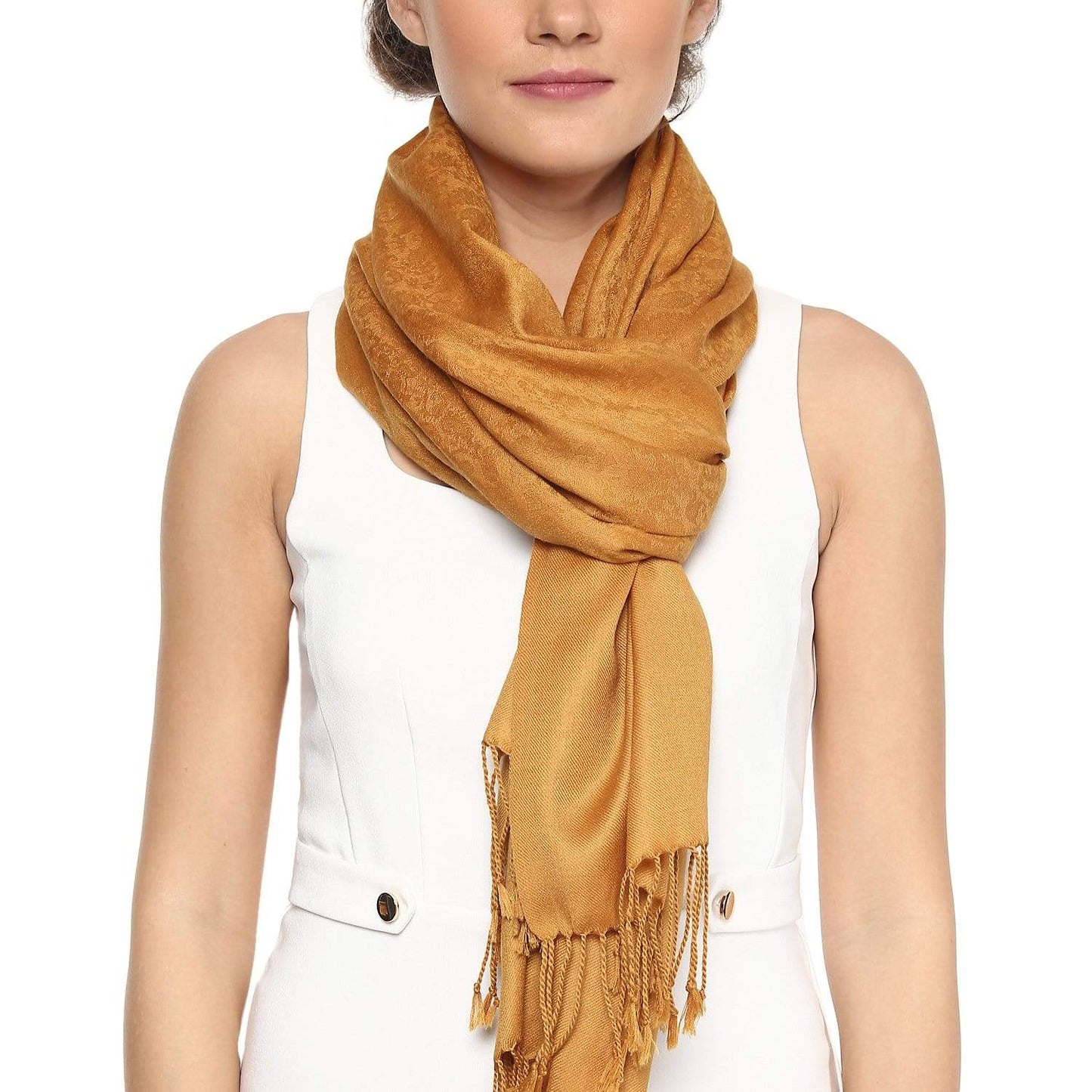 Pashtush Womens Stole, Fine Wool Scarf, Paisley Jacquard Weave, Mustard