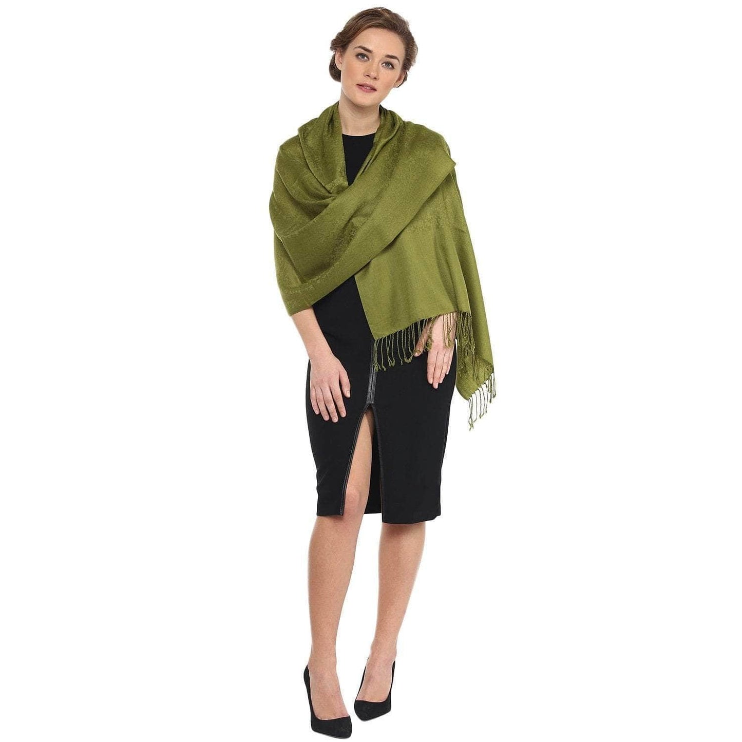 Pashtush India 70x200 Pashtush Womens Stole, Fine Wool Scarf, Paisley Jacquard Weave, Olive Green