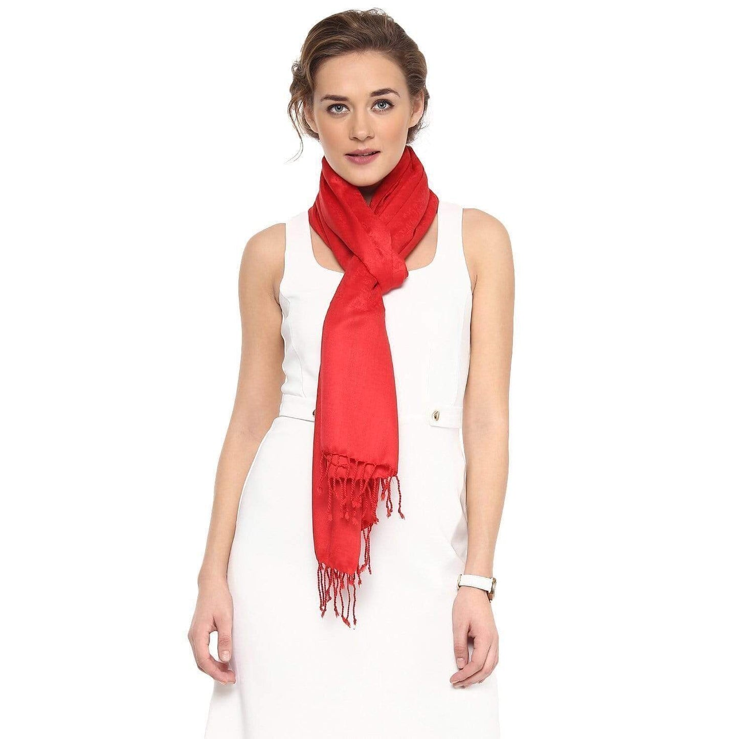 Pashtush Womens Stole, Fine Wool Scarf, Paisley Jacquard Weave, Scarlet Red