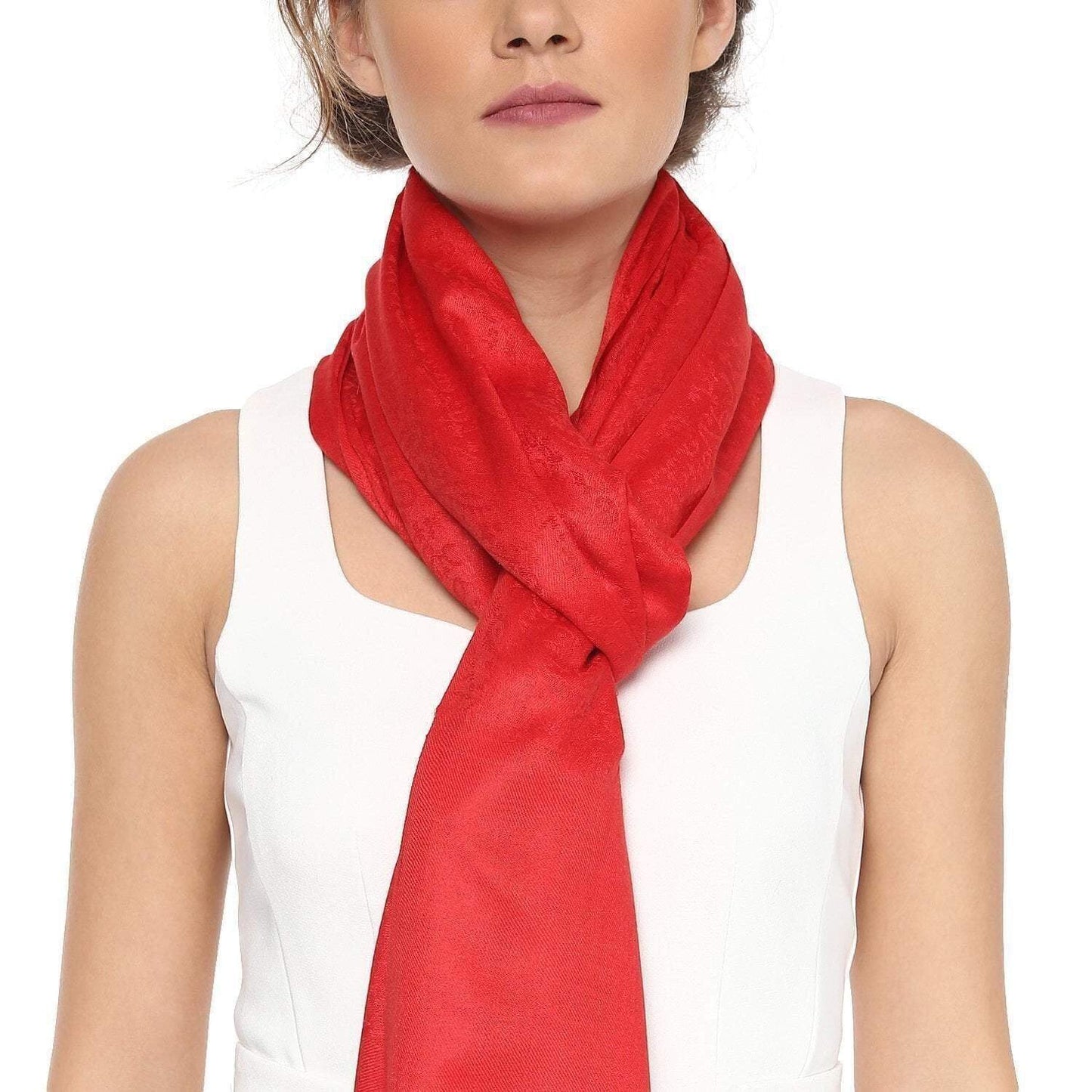 Pashtush Womens Stole, Fine Wool Scarf, Paisley Jacquard Weave, Scarlet Red