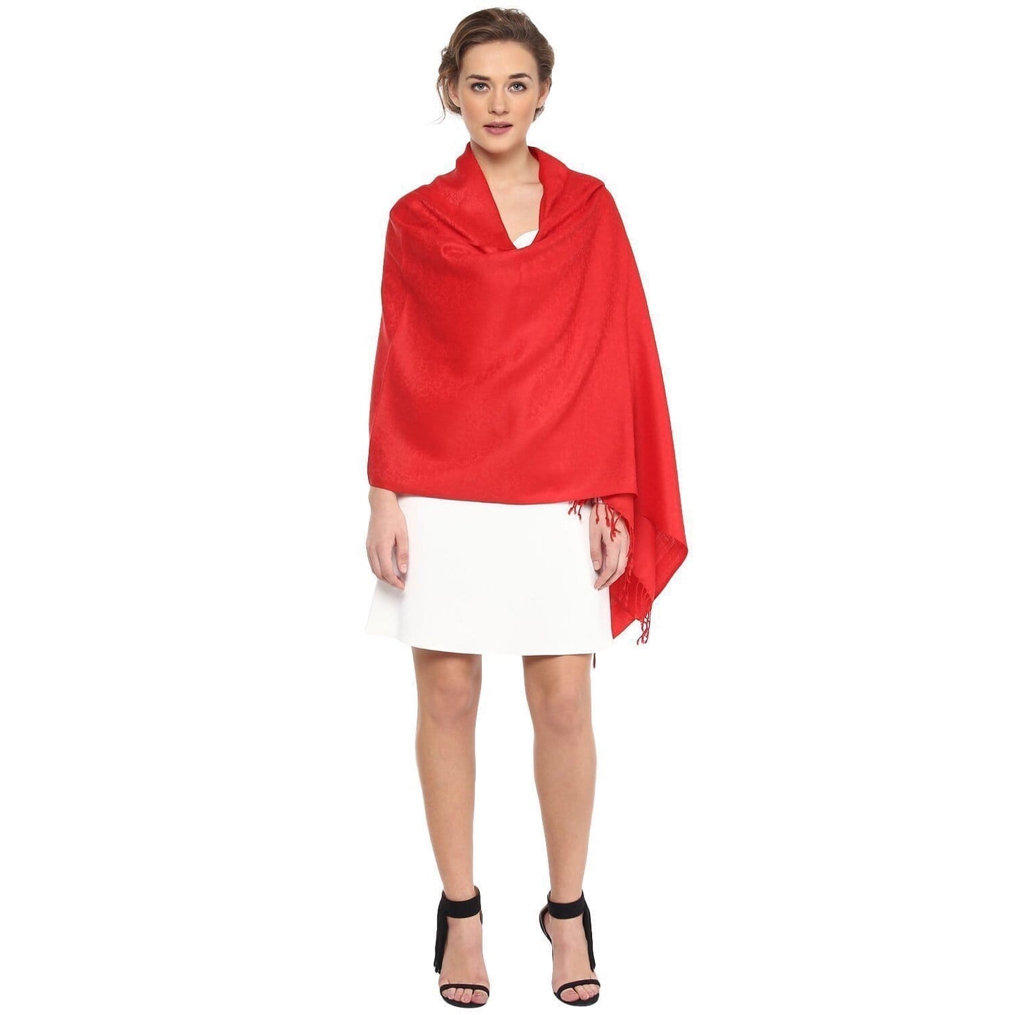Pashtush Womens Stole, Fine Wool Scarf, Paisley Jacquard Weave, Scarlet Red