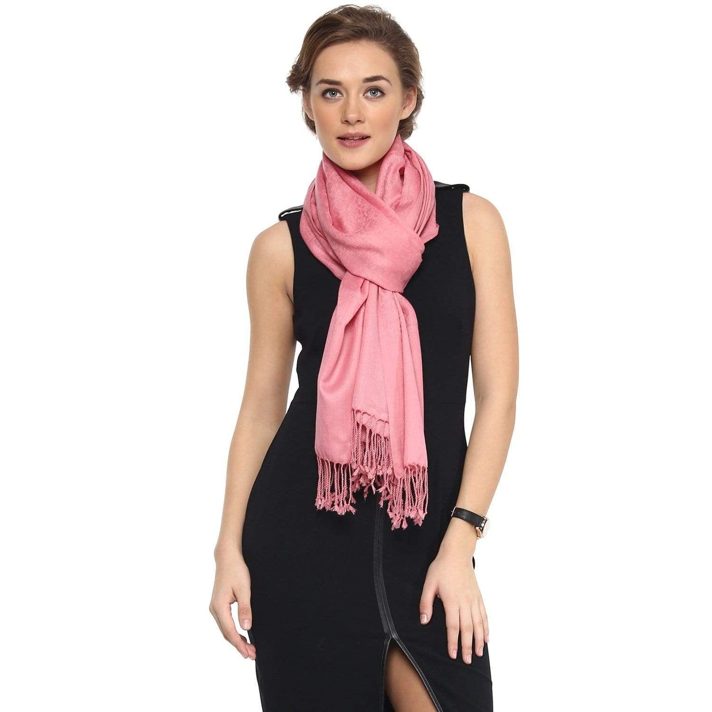 Pashtush Womens Stole, Fine Wool Scarf, Paisley Jacquard Weave, Soft Pink