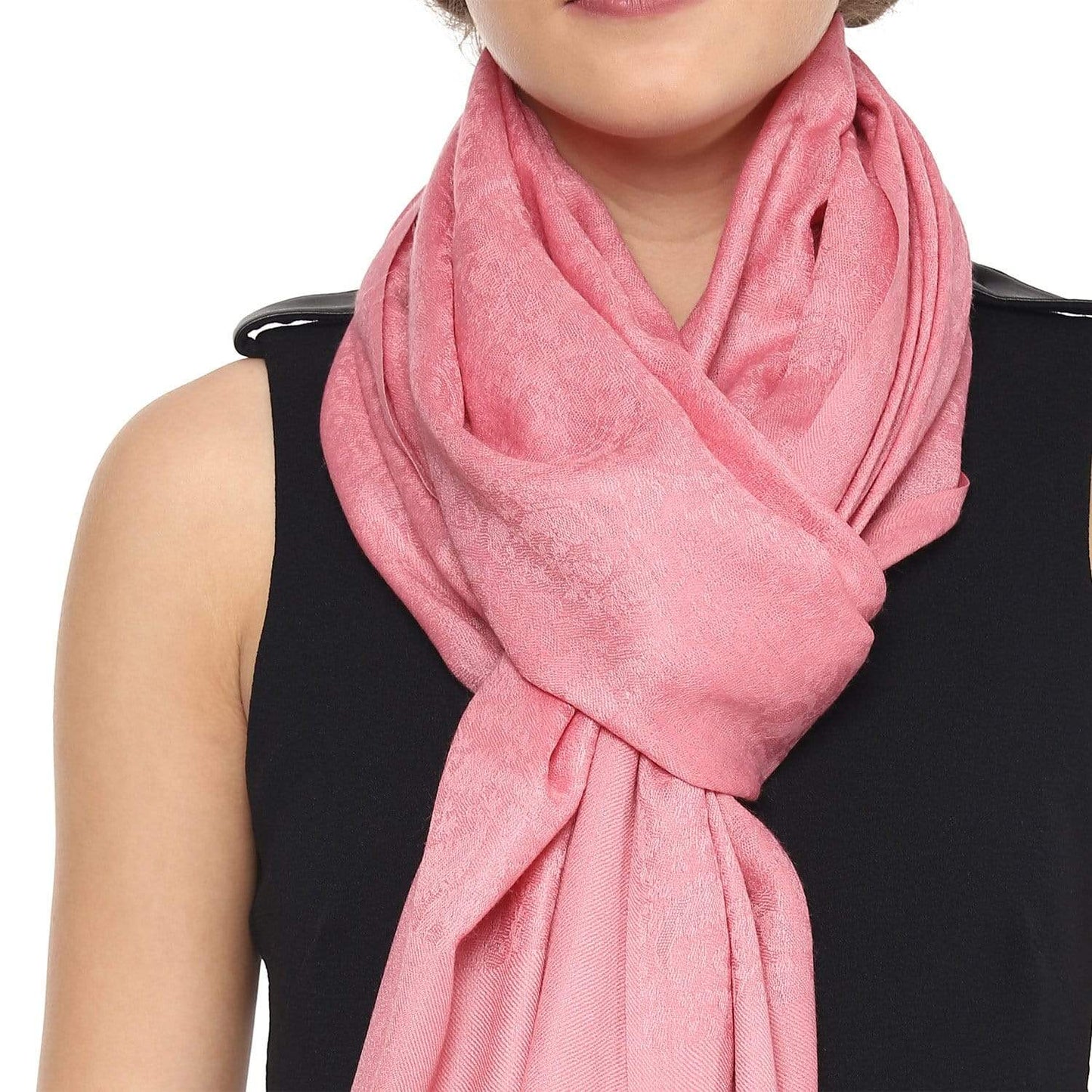 Pashtush Womens Stole, Fine Wool Scarf, Paisley Jacquard Weave, Soft Pink