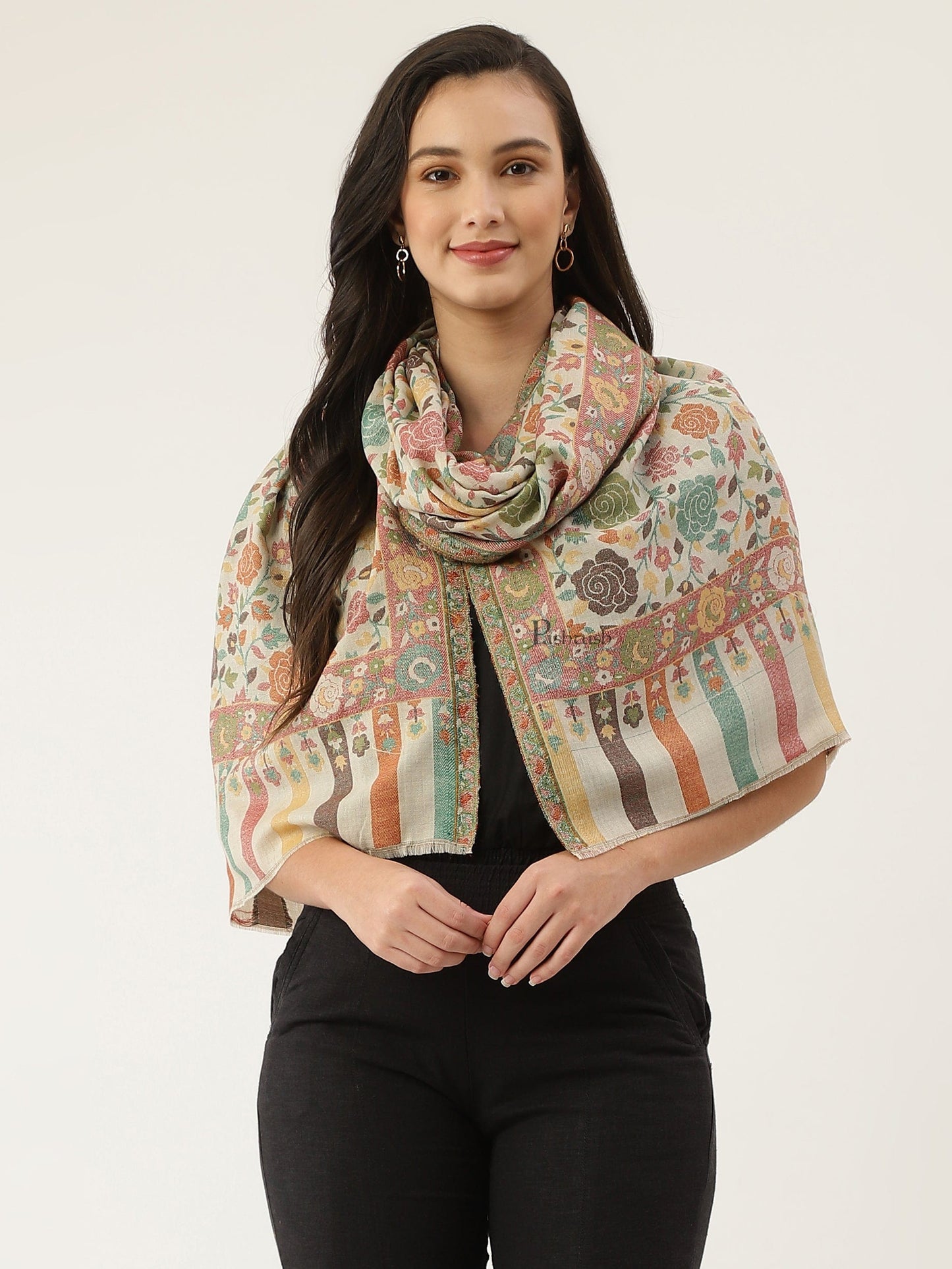Pashtush India Womens Stoles and Scarves Scarf Pashtush womens Stole, Gulabdaar design, Beige