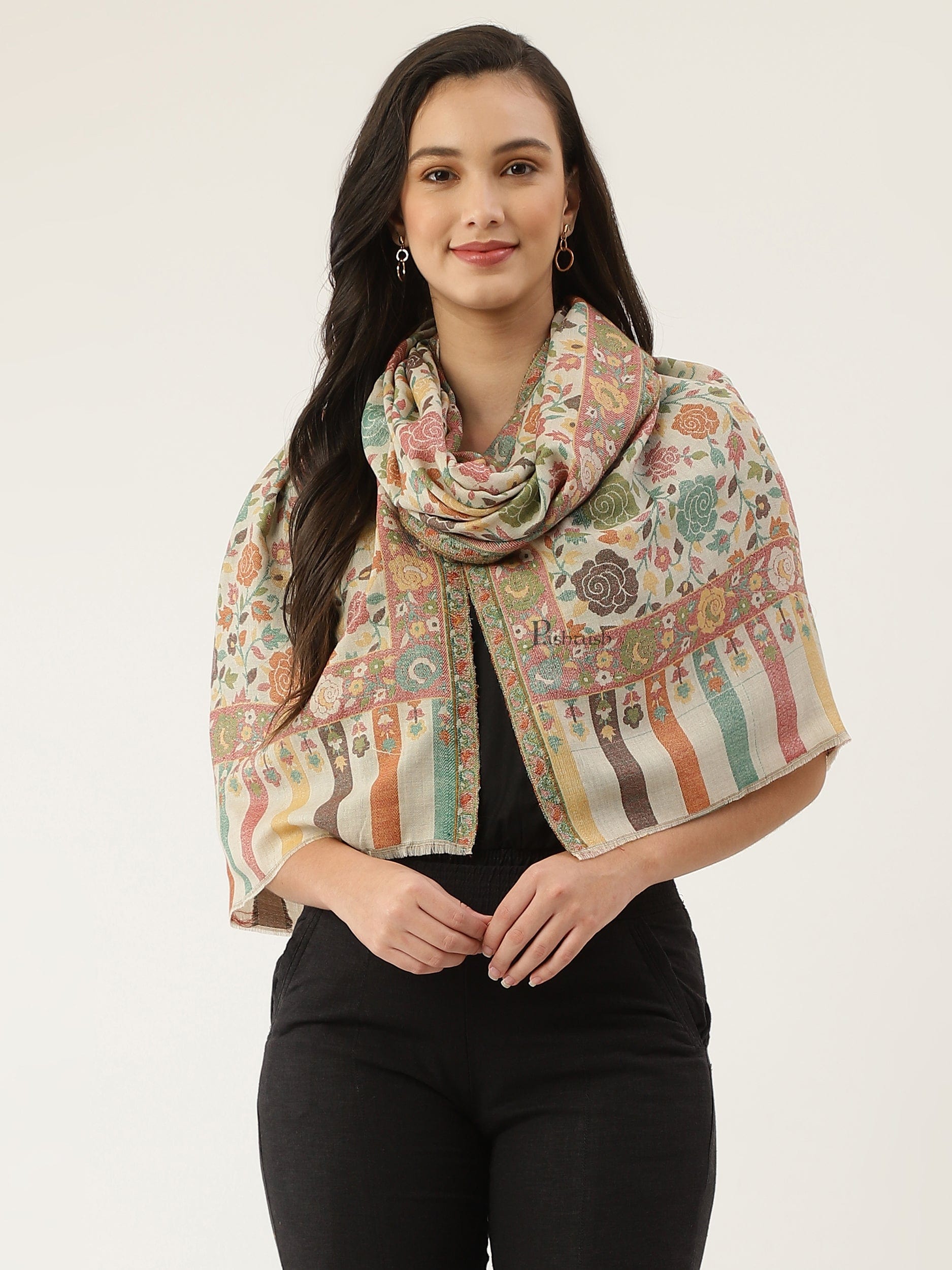 Pashtush India Womens Stoles and Scarves Scarf Pashtush womens Stole, Gulabdaar design, Beige