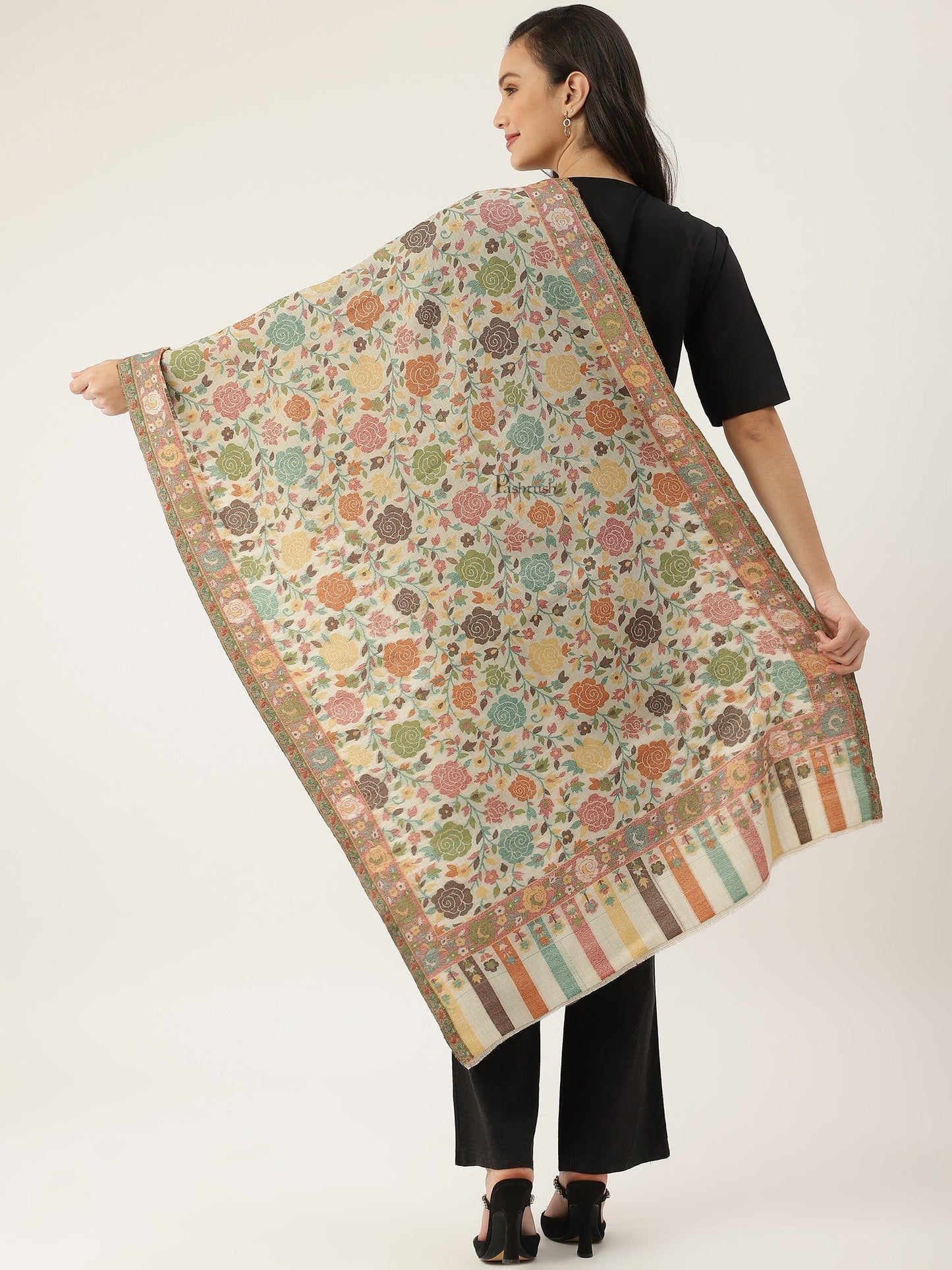 Pashtush India Womens Stoles and Scarves Scarf Pashtush womens Stole, Gulabdaar design, Beige