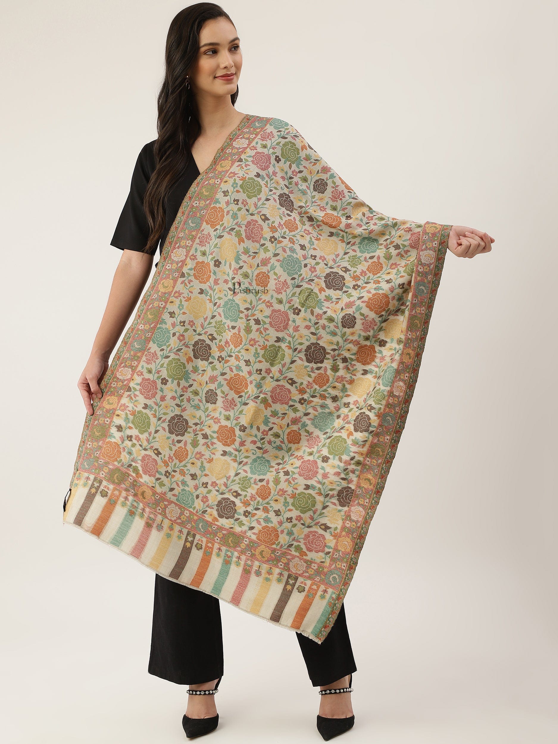 Pashtush India Womens Stoles and Scarves Scarf Pashtush womens Stole, Gulabdaar design, Beige