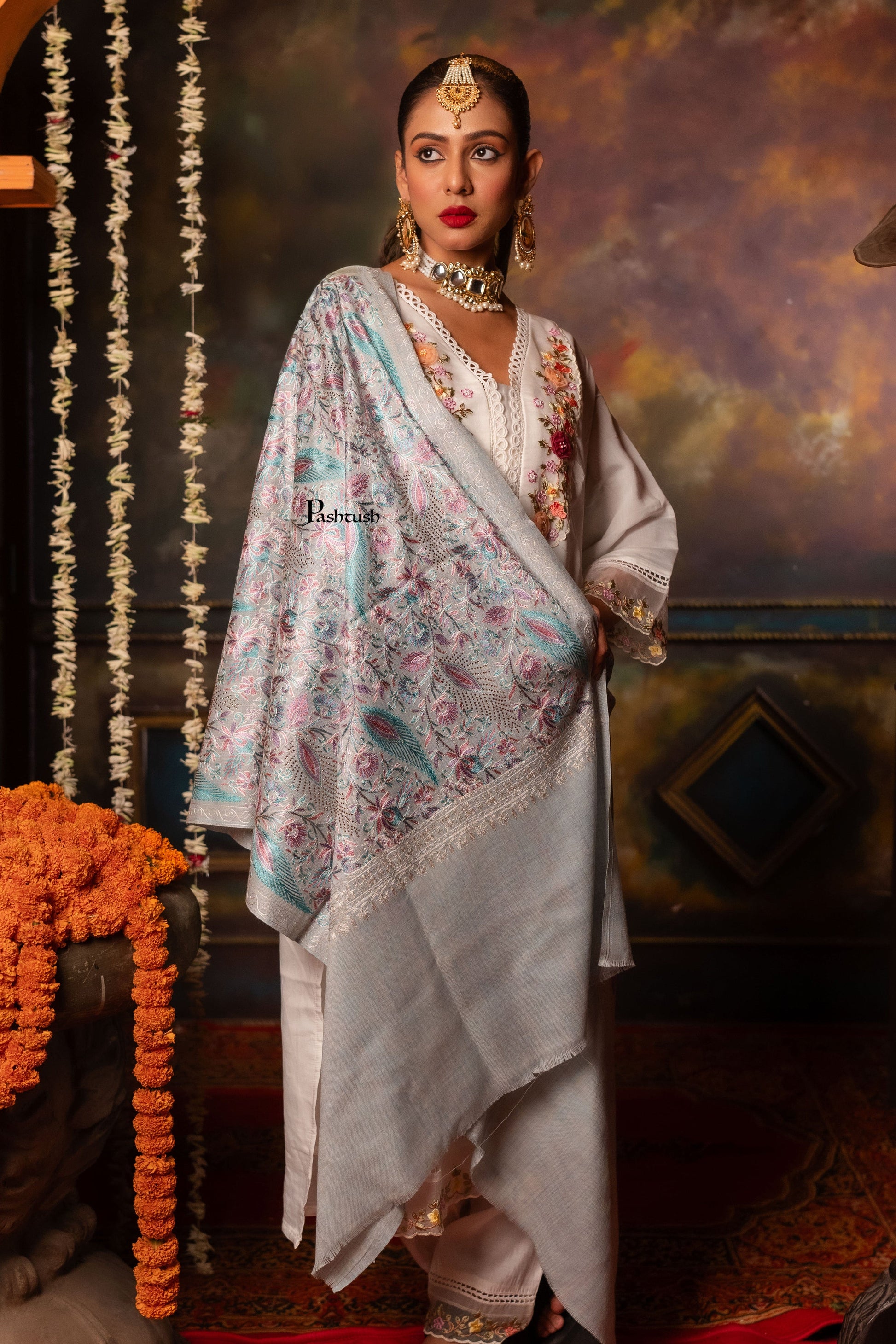 Pashtush India Womens Stoles and Scarves Scarf Pashtush Womens Stole, Nalki Embroidery, Fine Wool, Ivory