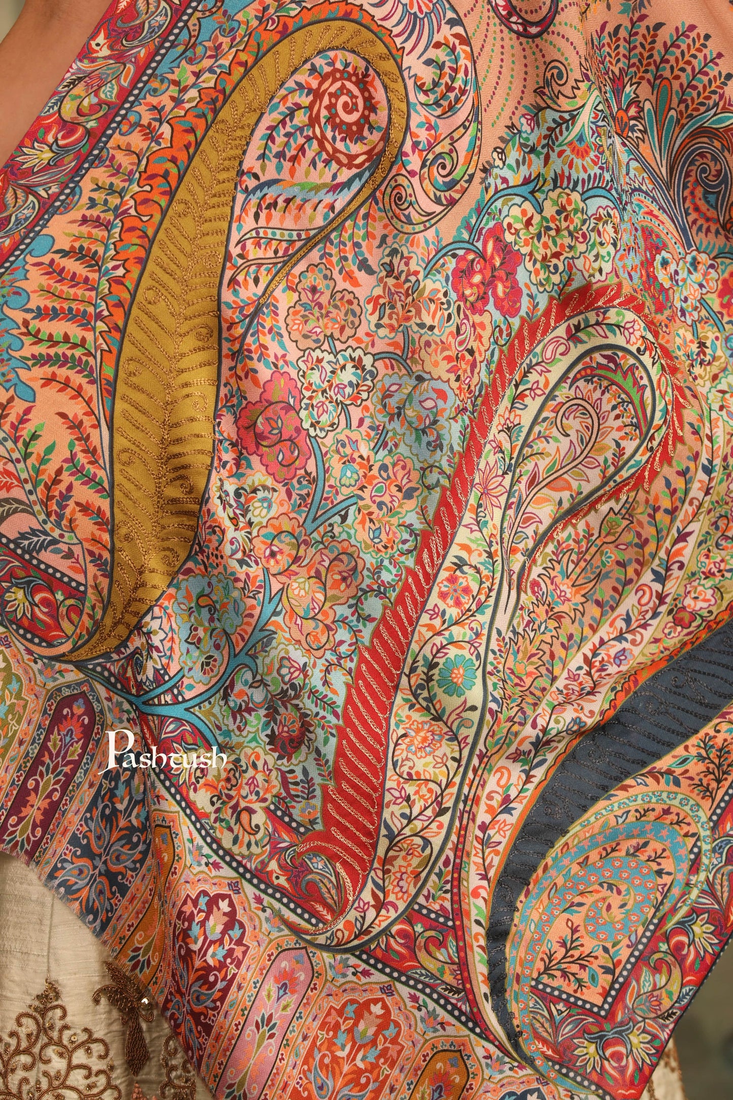 Pashtush India Womens Stoles and Scarves Scarf Pashtush Womens Stole, Printed Bamboo With Outline Embroidery, Multicoloured