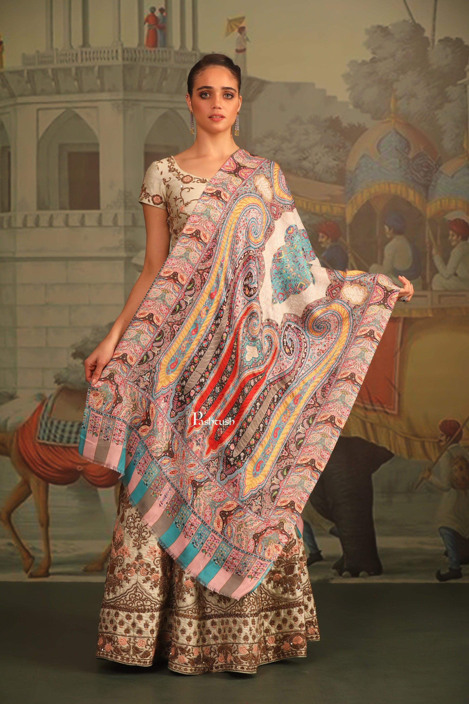 Pashtush India Womens Stoles and Scarves Scarf Pashtush Womens Stole, Printed Bamboo With Outline Embroidery, Multicoloured