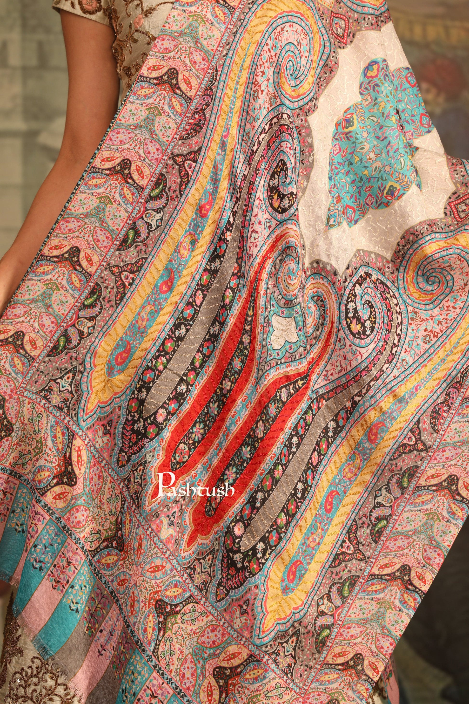 Pashtush India Womens Stoles and Scarves Scarf Pashtush Womens Stole, Printed Bamboo With Outline Embroidery, Multicoloured
