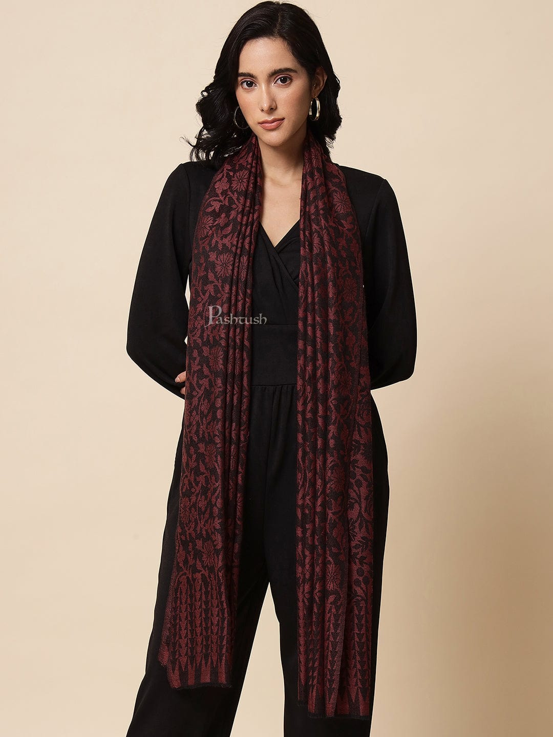 Pashtush India Womens Stoles and Scarves Scarf Pashtush Womens Stole, Soft and Warm, Reversible Floral Weave, Burgundy