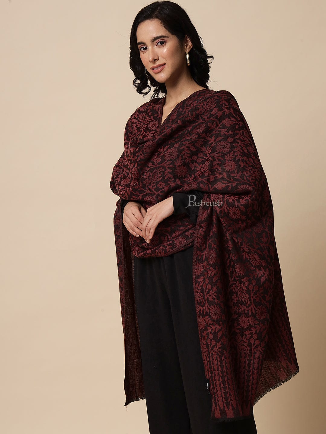 Pashtush India Womens Stoles and Scarves Scarf Pashtush Womens Stole, Soft and Warm, Reversible Floral Weave, Burgundy
