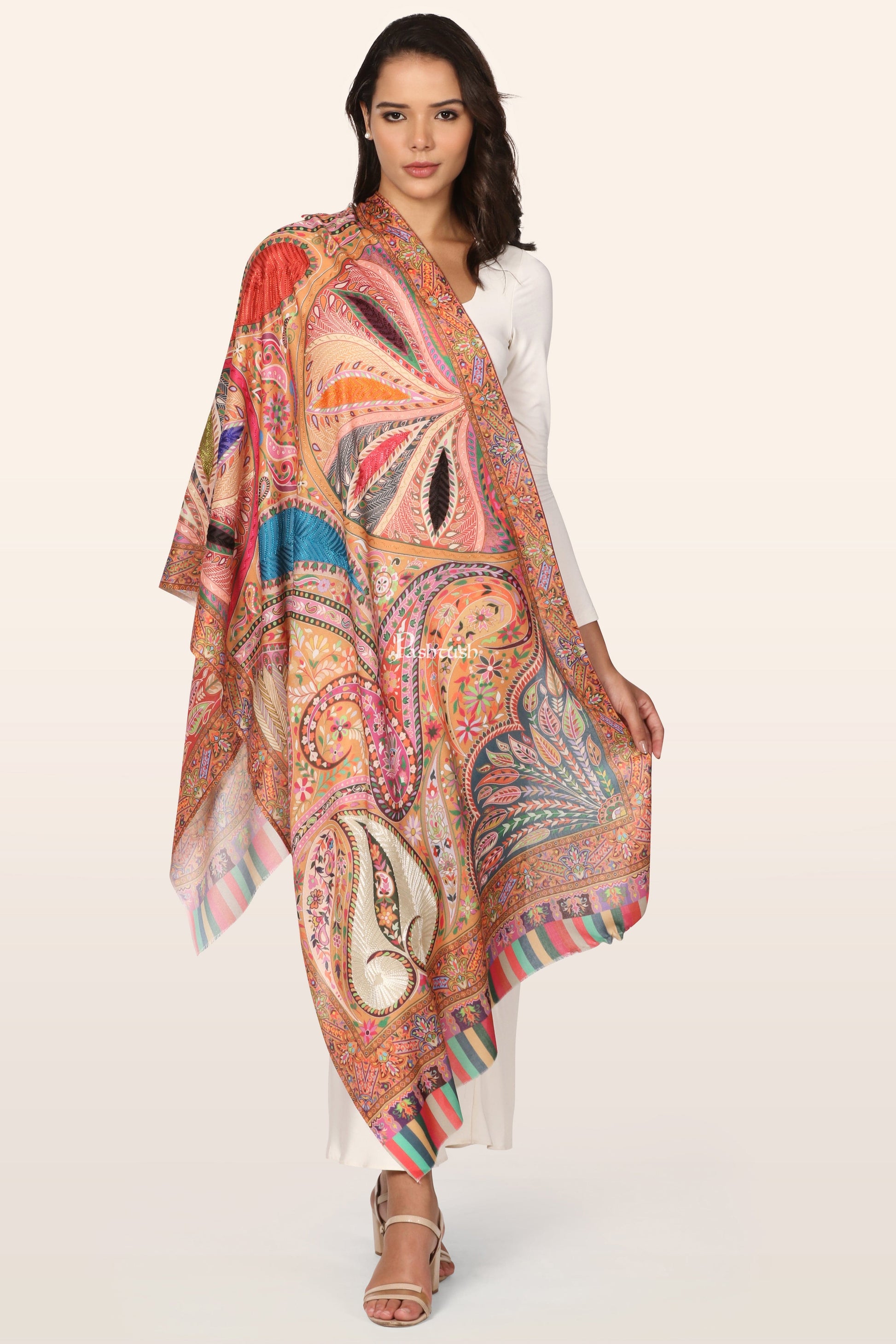 Pashtush India womens scarf and Stoles Pashtush Womens Stole, Soft bamboo, Print with Multicoloured Aari Embroidery