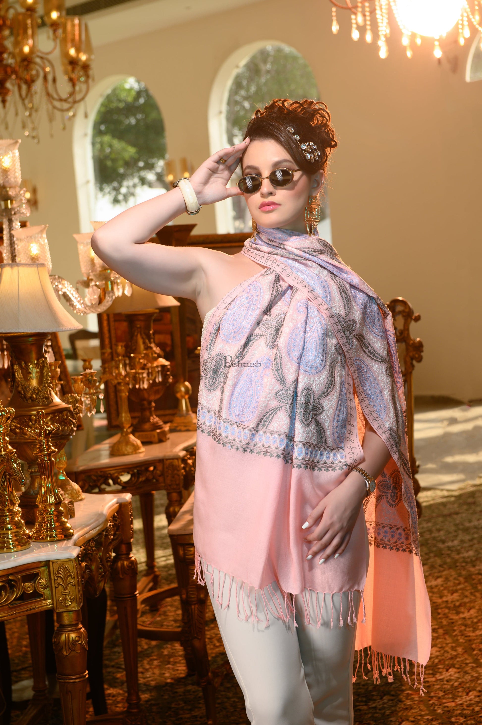 Pashtush India Womens Stoles and Scarves Scarf Pashtush Womens Stole, Soft Silky Nalki Embroidery Needlework Stole, Light Pink