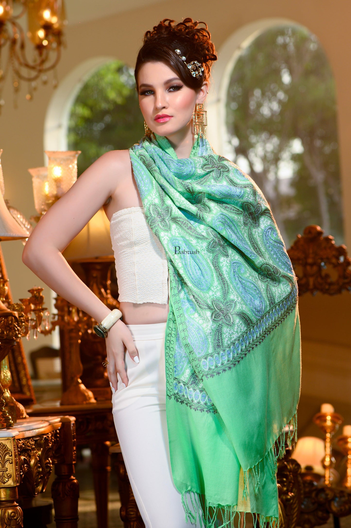 Pashtush India Womens Stoles and Scarves Scarf Pashtush Womens Stole, Soft Silky Nalki Embroidery Needlework Stole, Mint