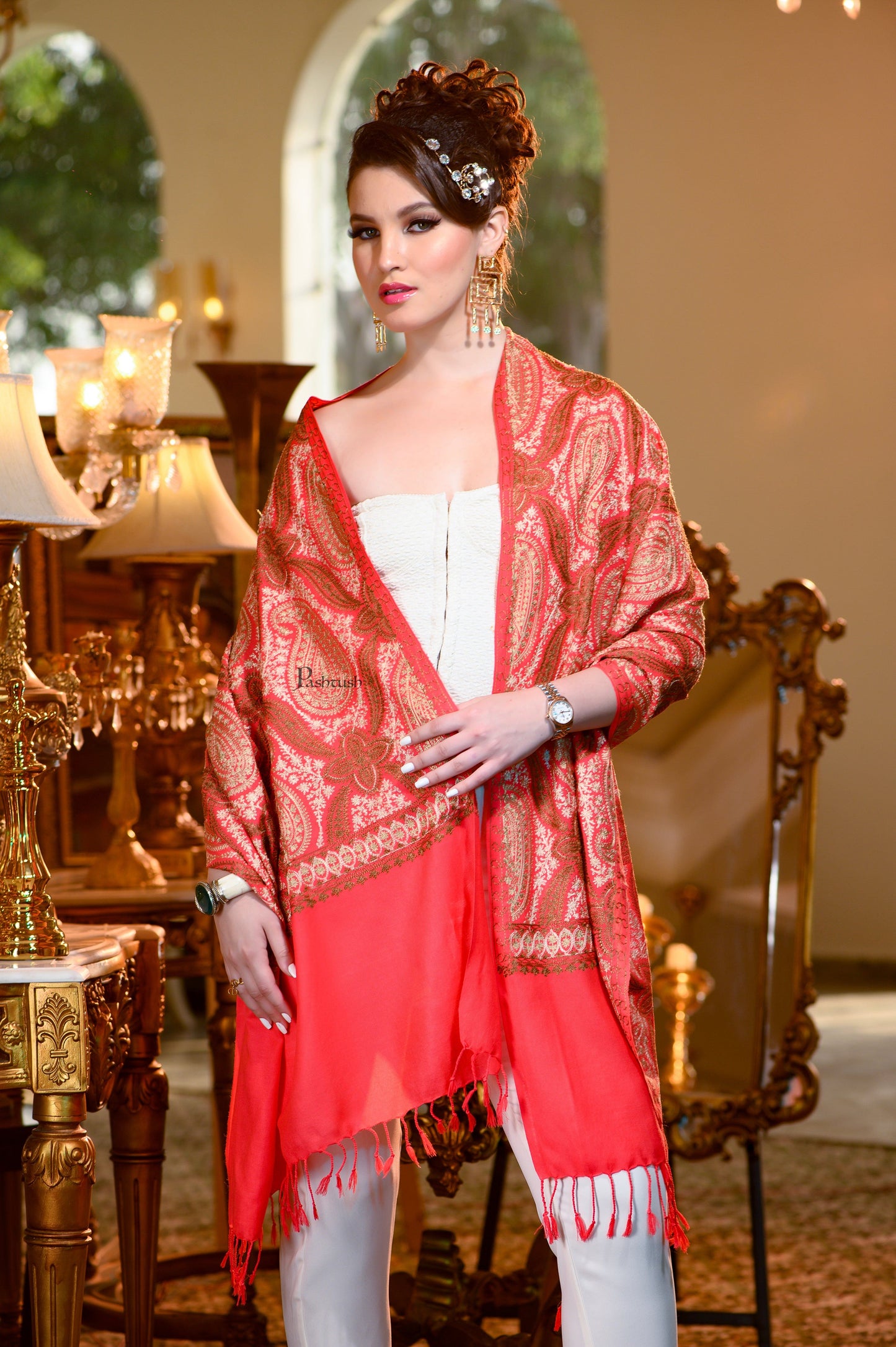 Pashtush India Womens Stoles and Scarves Scarf Pashtush Womens Stole, Soft Silky Nalki Embroidery Needlework Stole, Scarlet