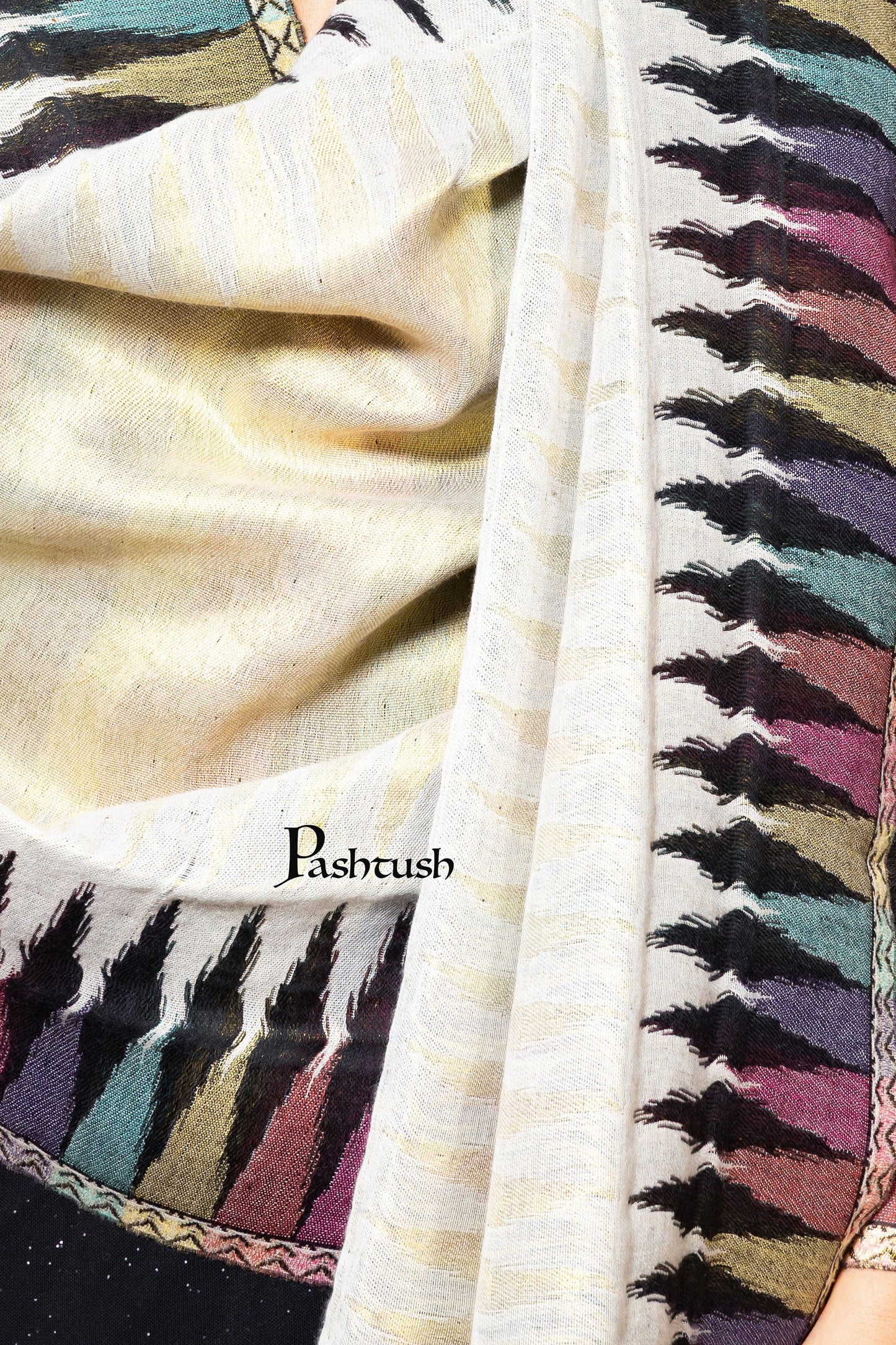 Pashtush India womens scarf and Stoles Pashtush Womens Stole, Twilight Collection, Gold Metallic Ikkat Weave, Fine Wool, Multicoloured