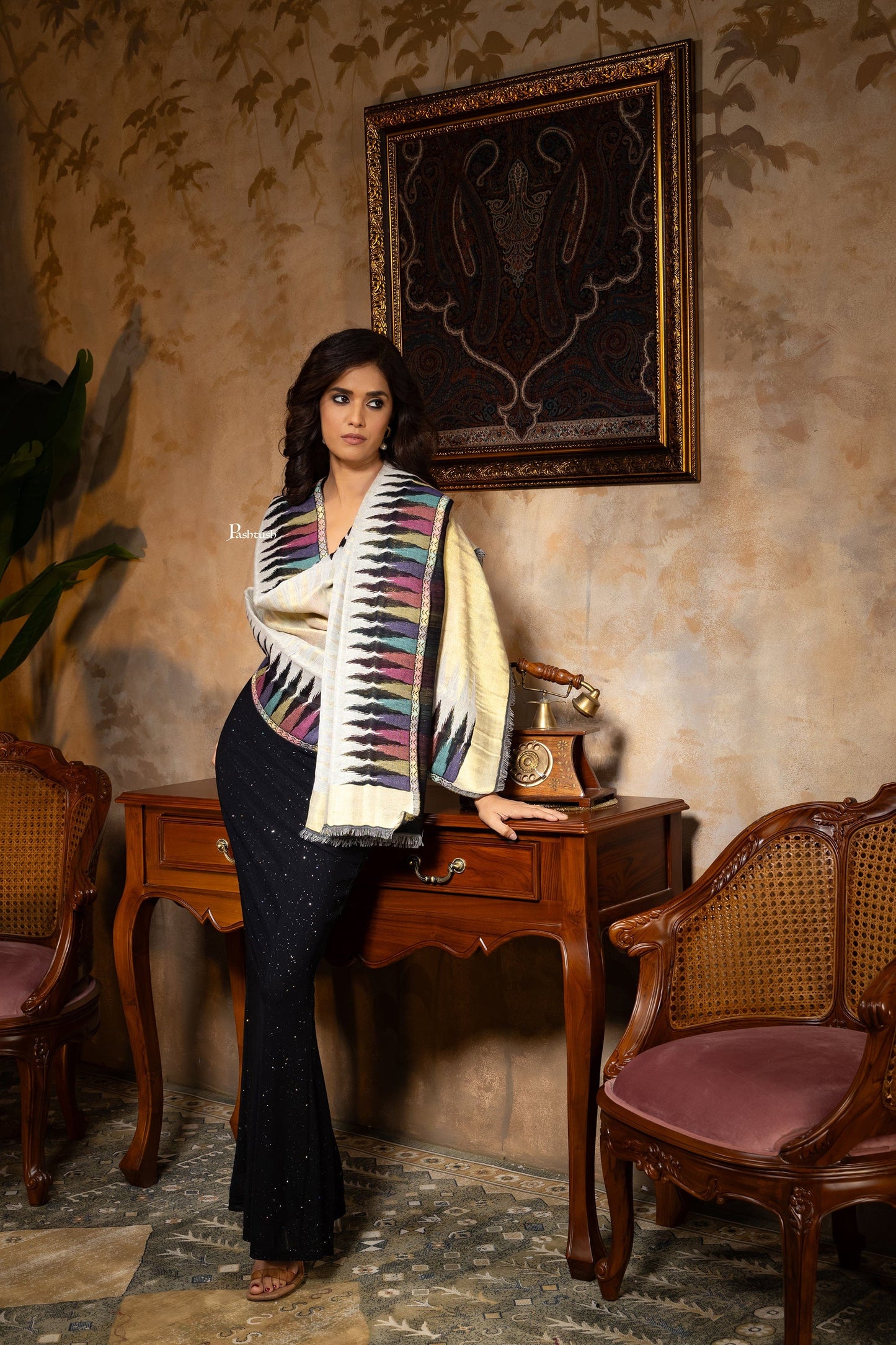 Pashtush India womens scarf and Stoles Pashtush Womens Stole, Twilight Collection, Gold Metallic Ikkat Weave, Fine Wool, Multicoloured